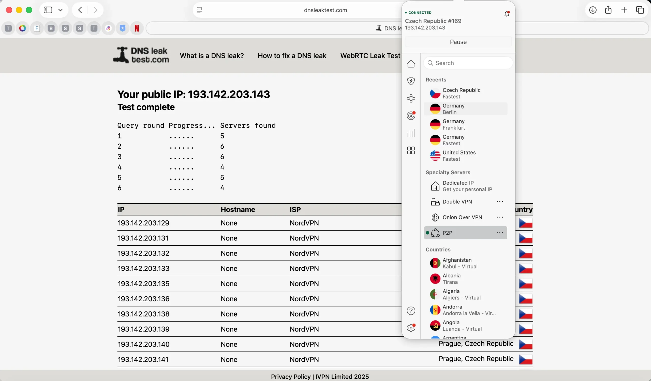 DNS únik NordVPN - připojeno k serveru v Praze | Venclíkovi.cz