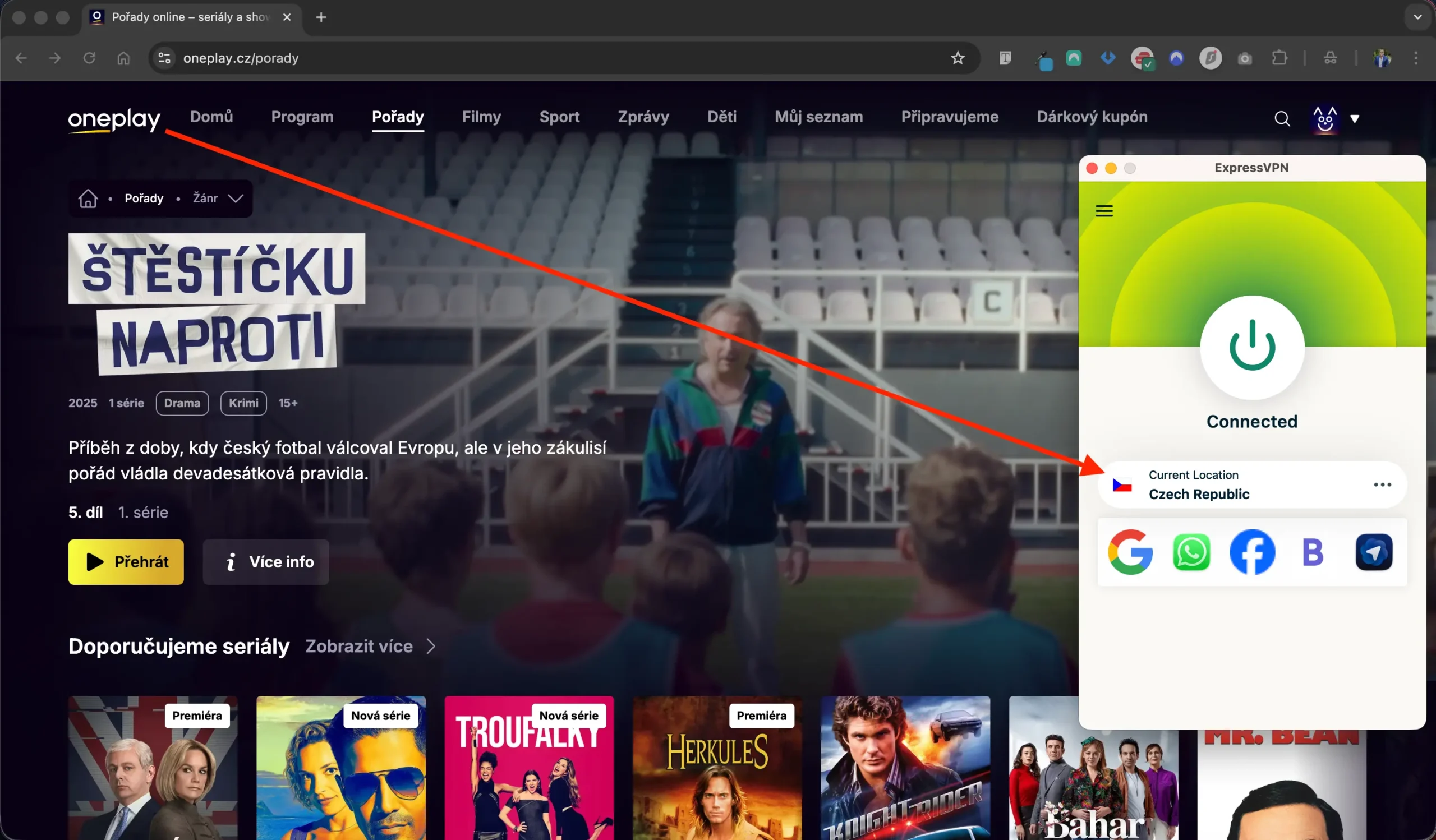 ExpressVPN zapnutá a spuštěné OnePlay | Venclíkovi.cz Připojení přes ExpressVPN na český server a spuštěná stránka OnePlay s pořadem Štěstíčku naproti.