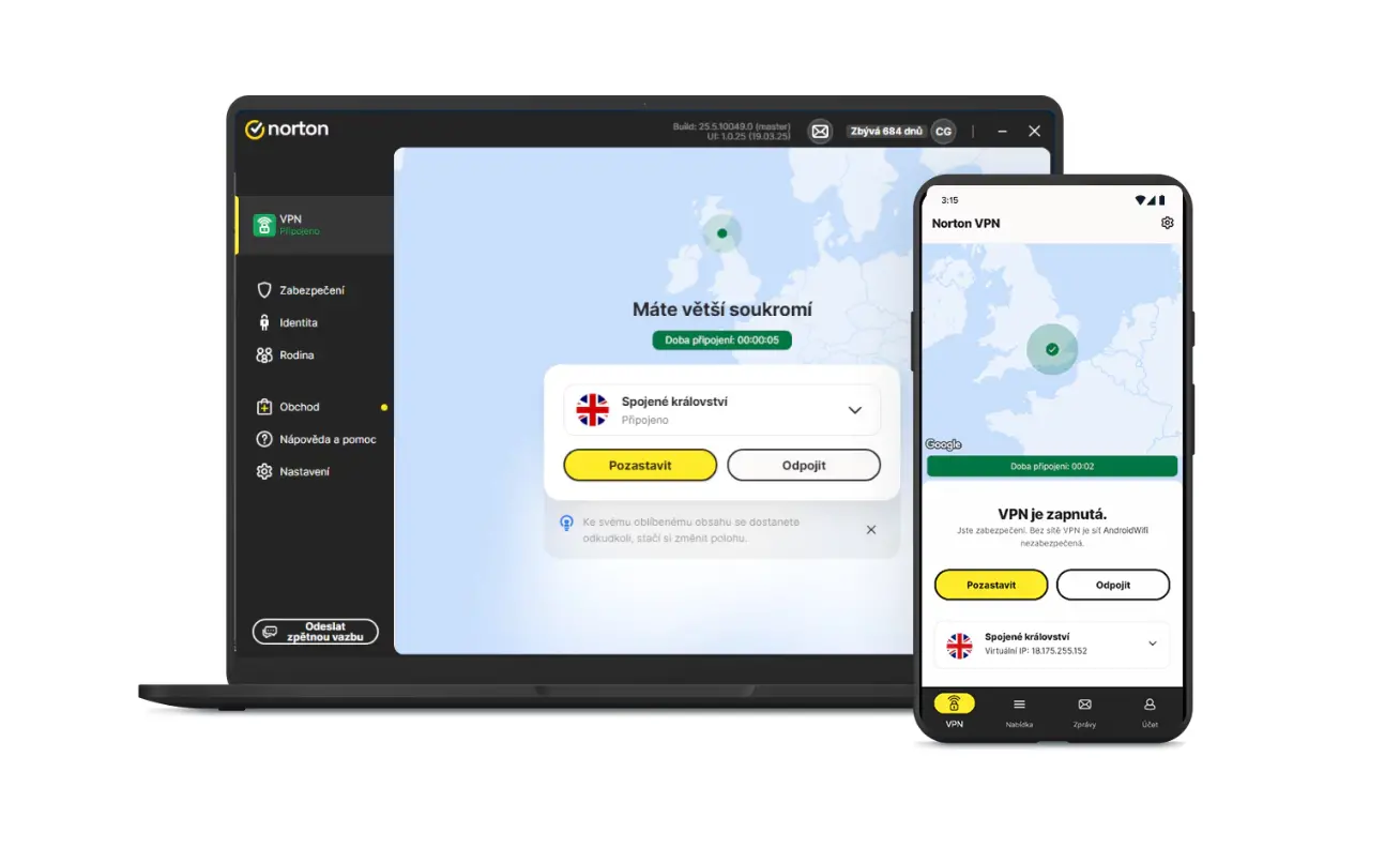 Rozhraní Norton VPN na notebooku a mobilním telefonu s aktivním připojením na server ve Velké Británii