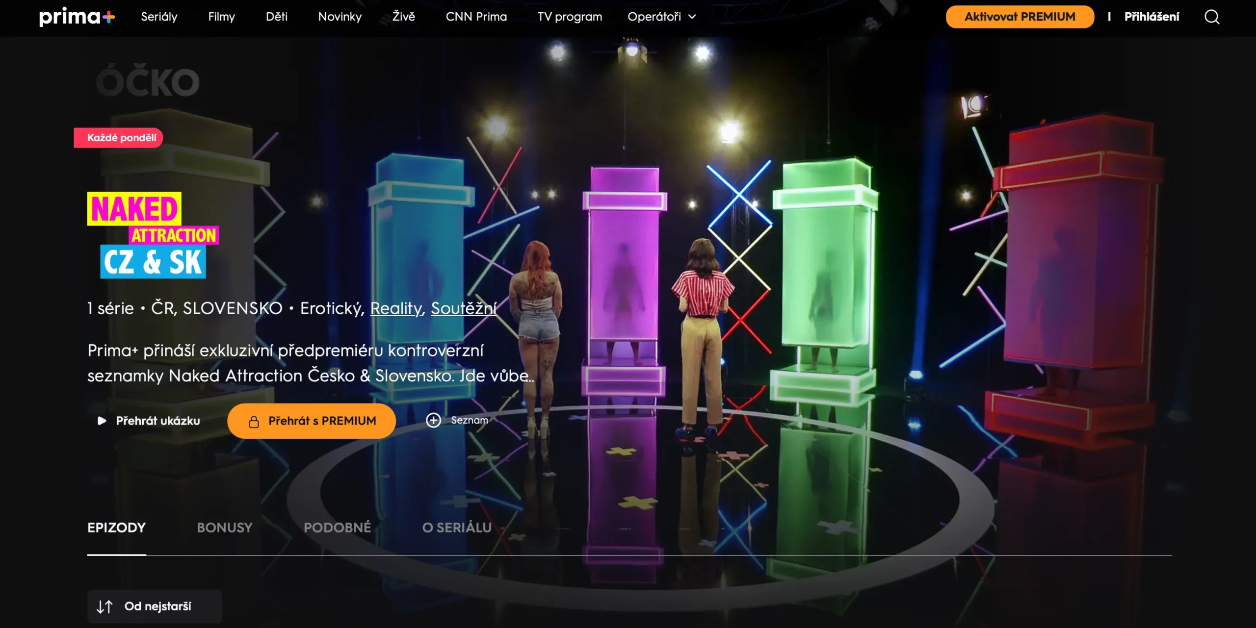 Naked Attraction sledování na Prima+ | Venclíkovi.cz Ukázka rozhraní Prima+, kde běží Naked Attraction Česko & Slovensko s barevnými boxy a siluetami soutěžících.
