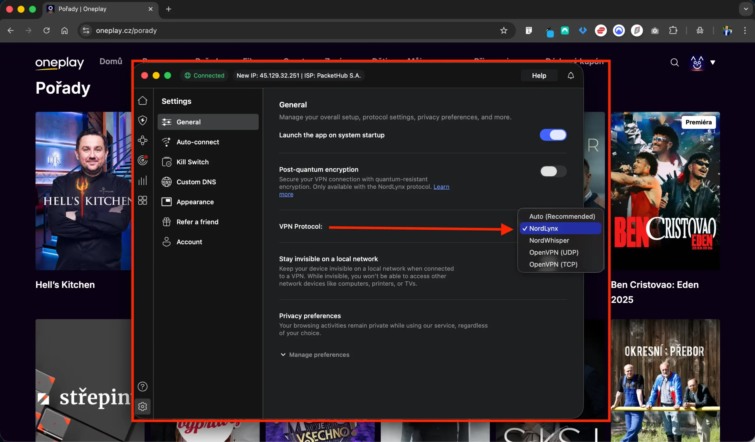 Nastavení protokolu u NordVPN pro OnePlay na Nordlynx | Venclíkovi.cz Zvolené nastavení protokolu NordLynx v NordVPN – ideální volba pro rychlý a stabilní přístup na OnePlay z USA