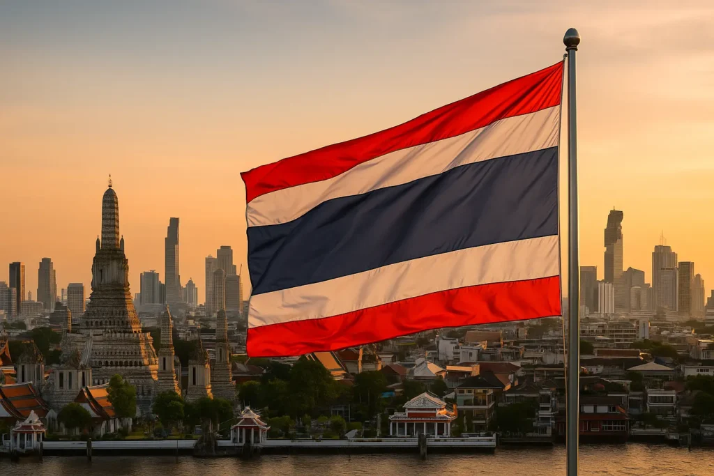 Thajská vlajka vlající před panoramatem Bangkoku při západu slunce – ideální vizuál k tématu VPN a sledování české televize z Thajska.