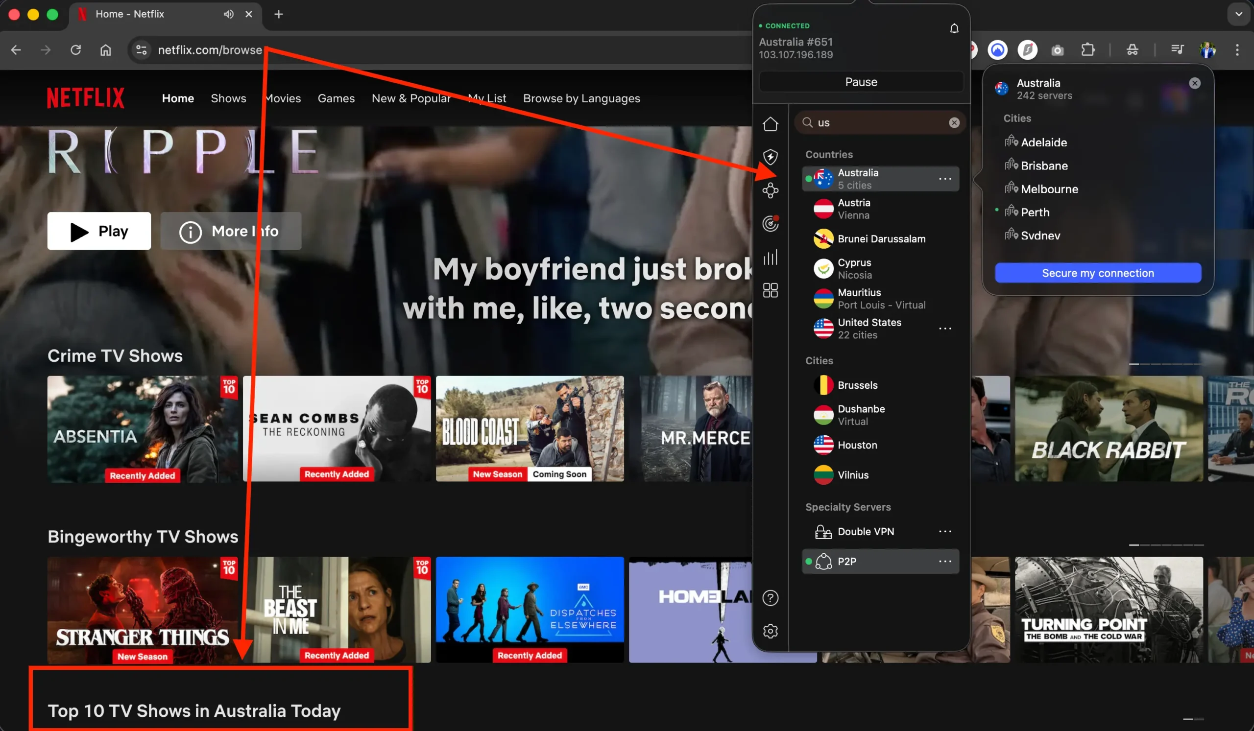 Netflix Australia + NordVPN AU | Venclíkovi.cz Netflix přepnutý na australskou knihovnu pomocí VPN s viditelným žebříčkem Top 10 TV pořadů v Austrálii a aktivním připojením přes NordVPN