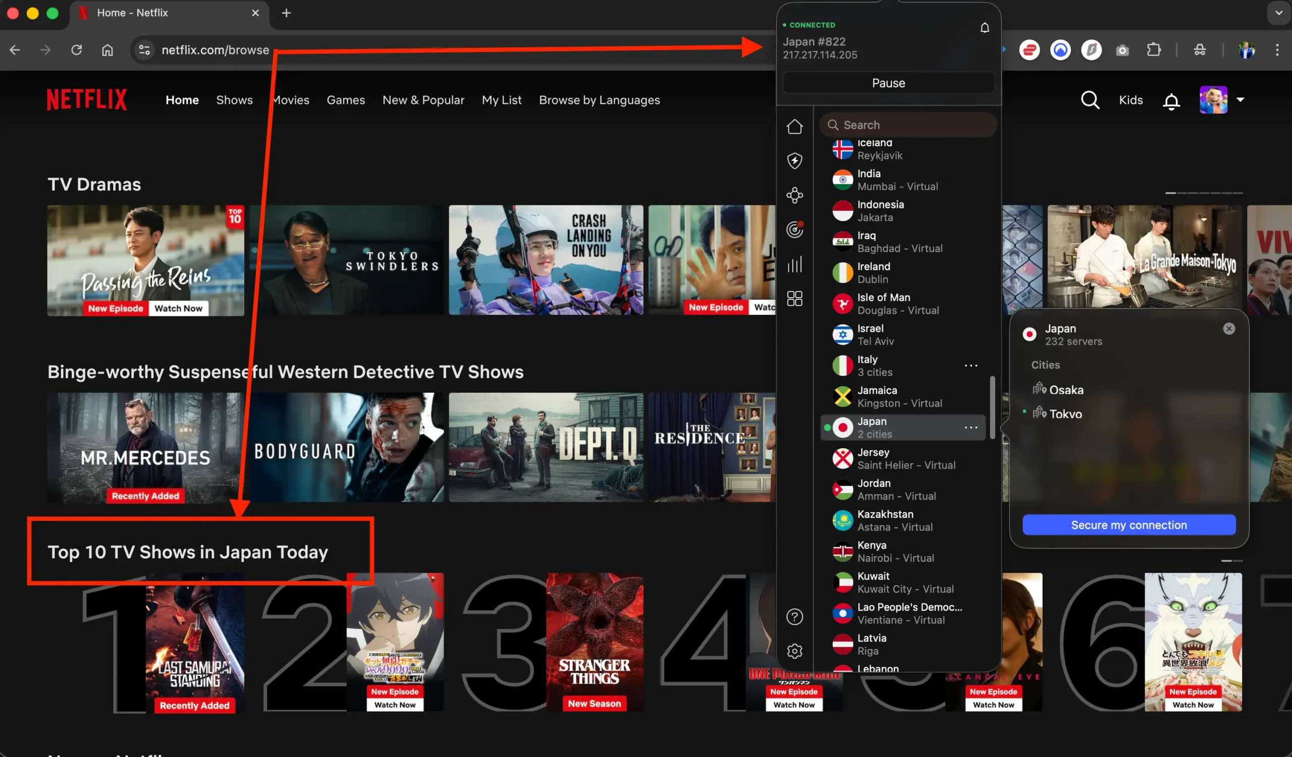 Netflix JP + NordVPN Japan | Venclíkovi.cz Netflix přepnutý na japonskou knihovnu přes VPN s aktivním připojením na servery v Japonsku a žebříčkem Top 10 TV pořadů v Japonsku