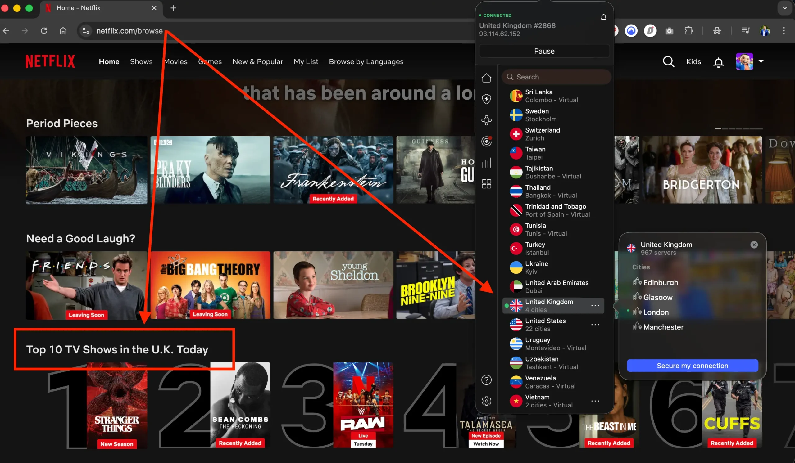 Netflix UK + NordVPN UK | Venclíkovi.cz Netflix přepnutý na britskou knihovnu přes VPN s aktivním připojením do Velké Británie a žebříčkem Top 10 TV pořadů ve Spojeném království