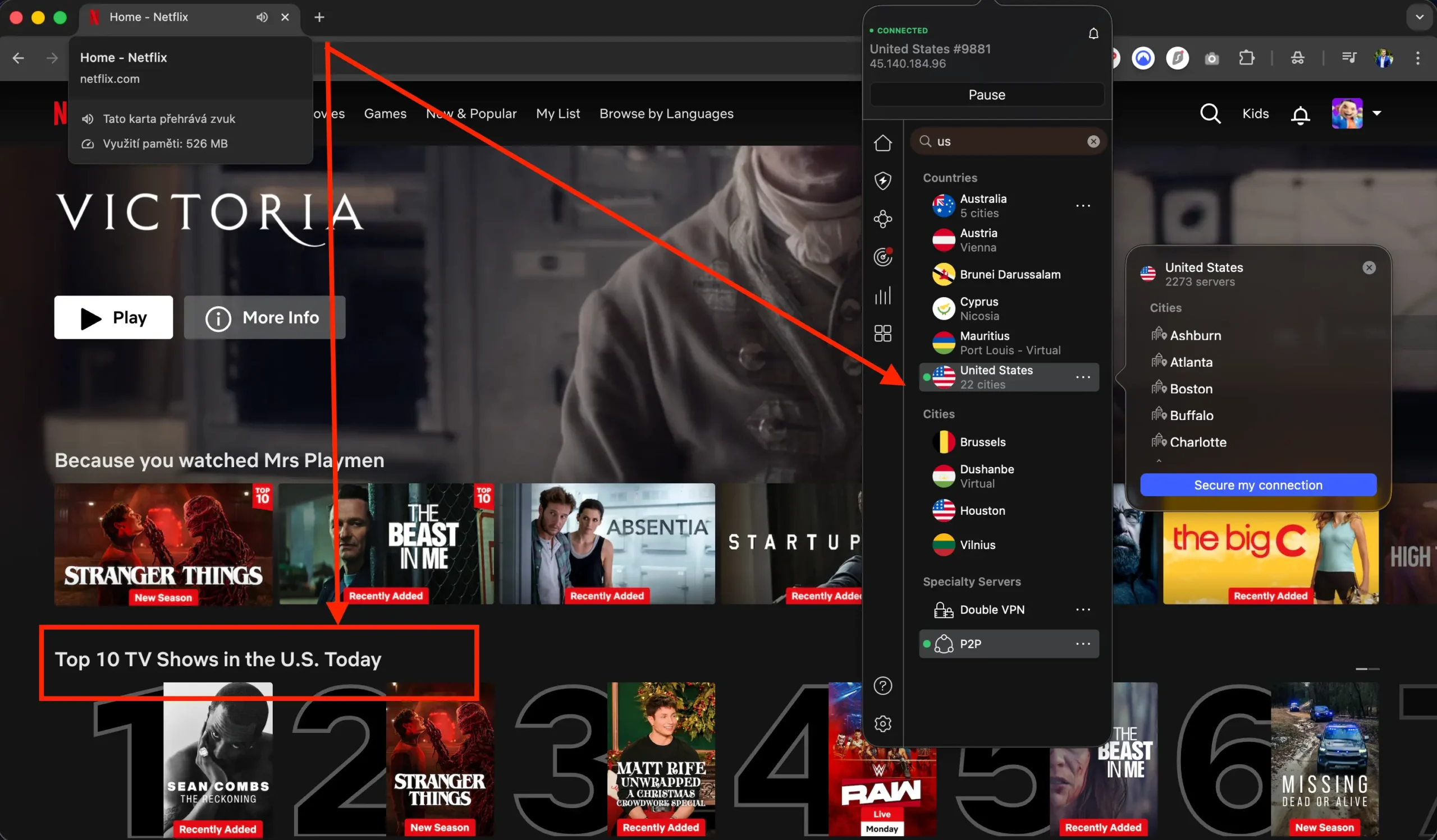Netflix spustěný přes VPN - knihovna Amerika | Venclíkovi.cz Netflix přepnutý přes VPN na USA zobrazuje americkou knihovnu a Top 10 TV Shows in the U.S. Today