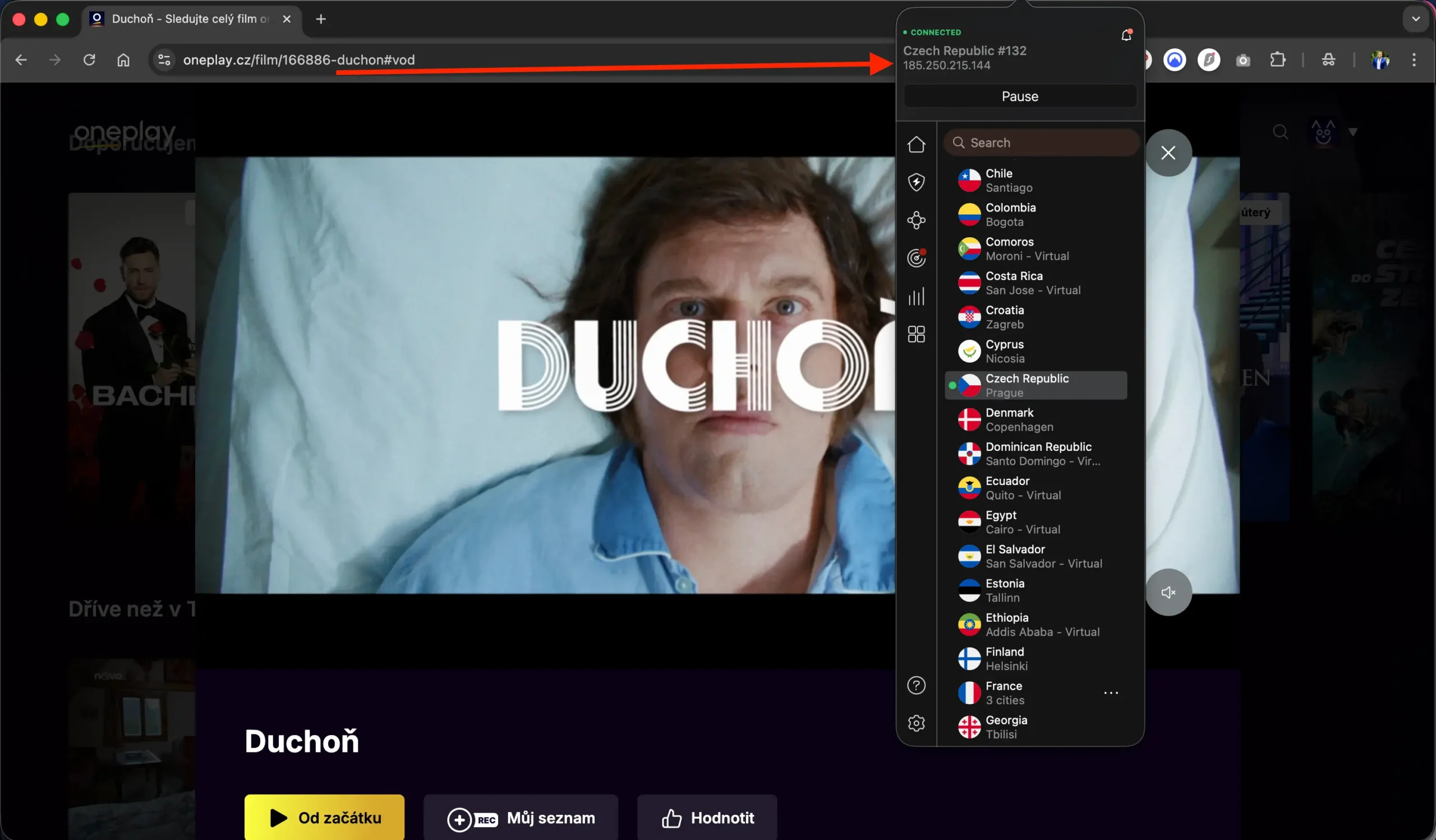 Odblokování filmu Duchoň na OnePlay ze zahraničí pomocí VPN s českou IP adresou