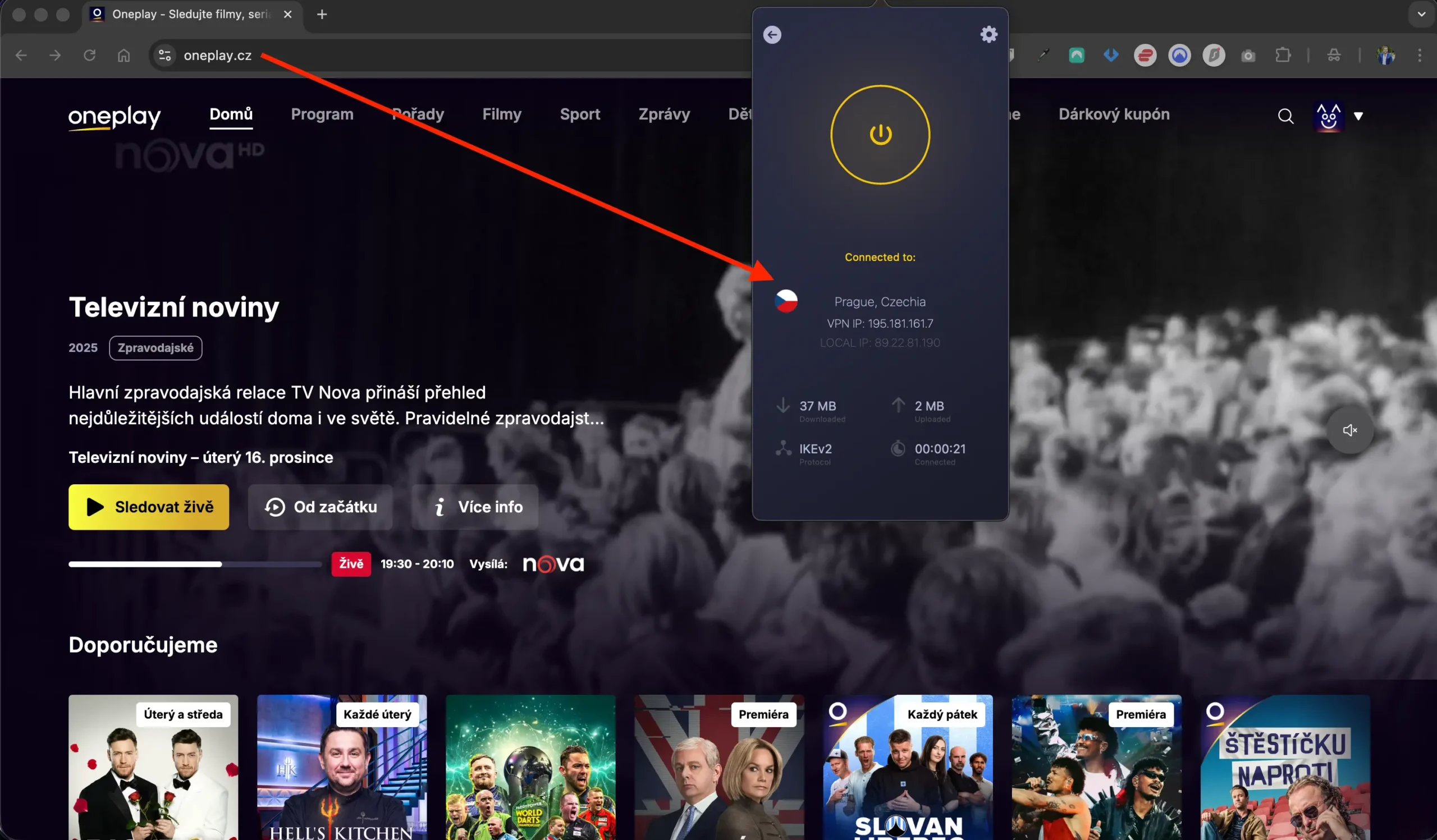OnePlay spuštěné přes CyberGhost | Venclíkovi.cz OnePlay spuštěné z Anglie pomocí CyberGhost s českou IP adresou, aktivní připojení na český server a plně funkční přehrávání obsahu.
