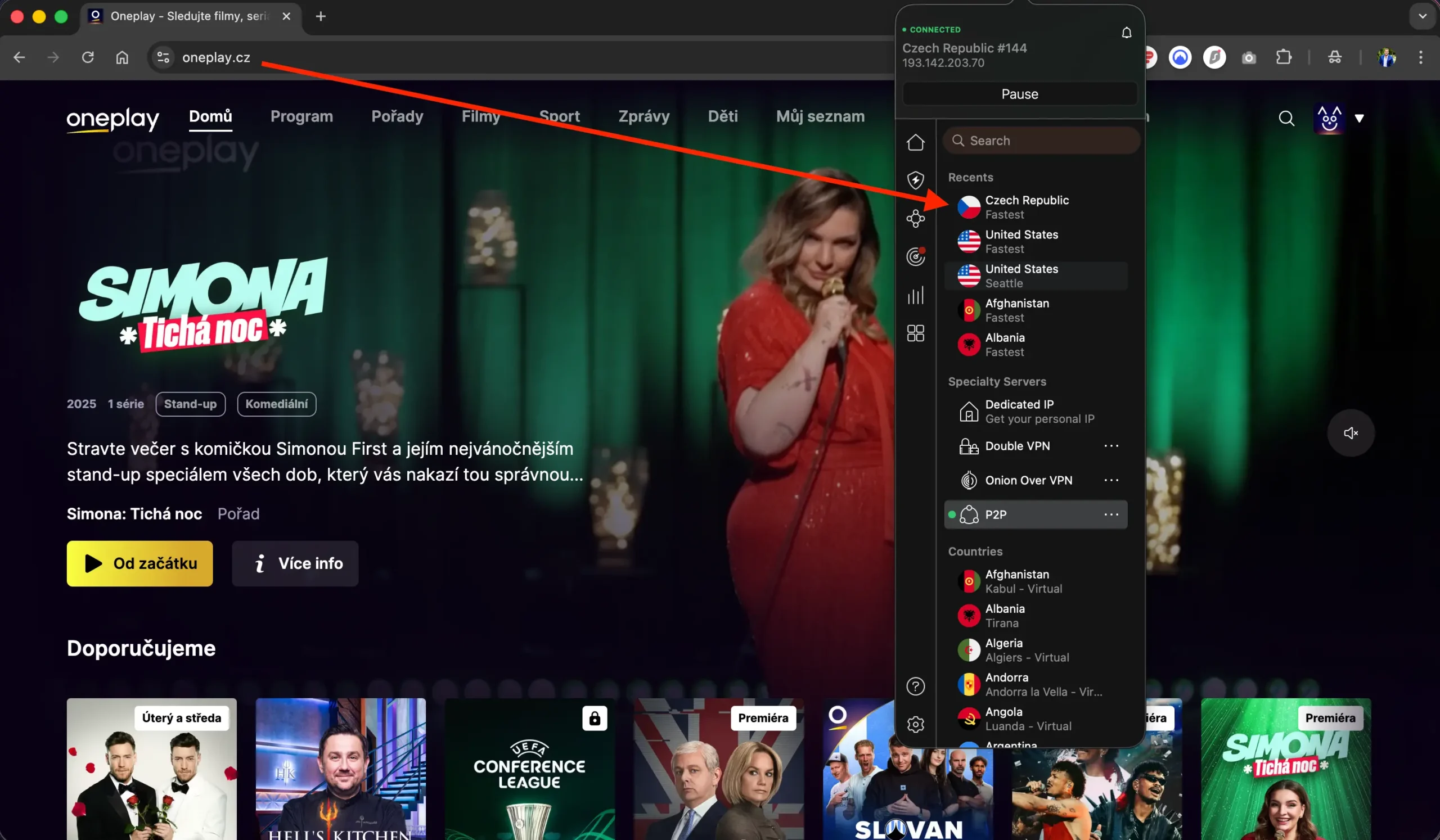 OnePlay spuštěno přes NordVPN česko | Venclíkovi.cz NordVPN připojený na český server, otevřený web OnePlay a přehrávání pořadu Simona: Tichá noc.