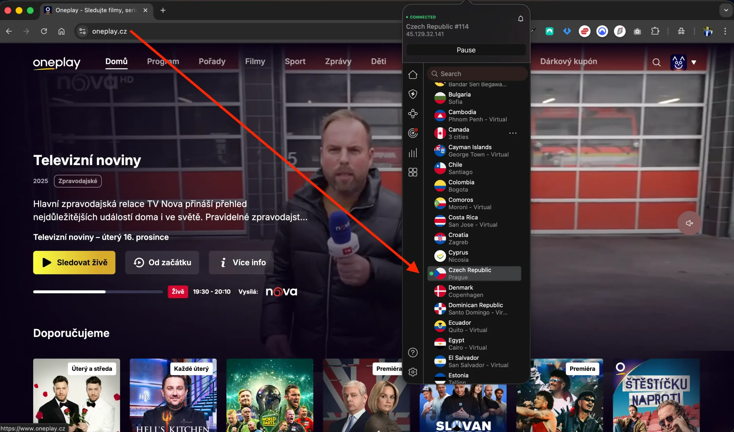 OnePlay spuštěno přes NordVPN | Venclíkovi.cz Sledování OnePlay z Anglie přes NordVPN, připojení k českému serveru a úspěšné odblokování českého obsahu.