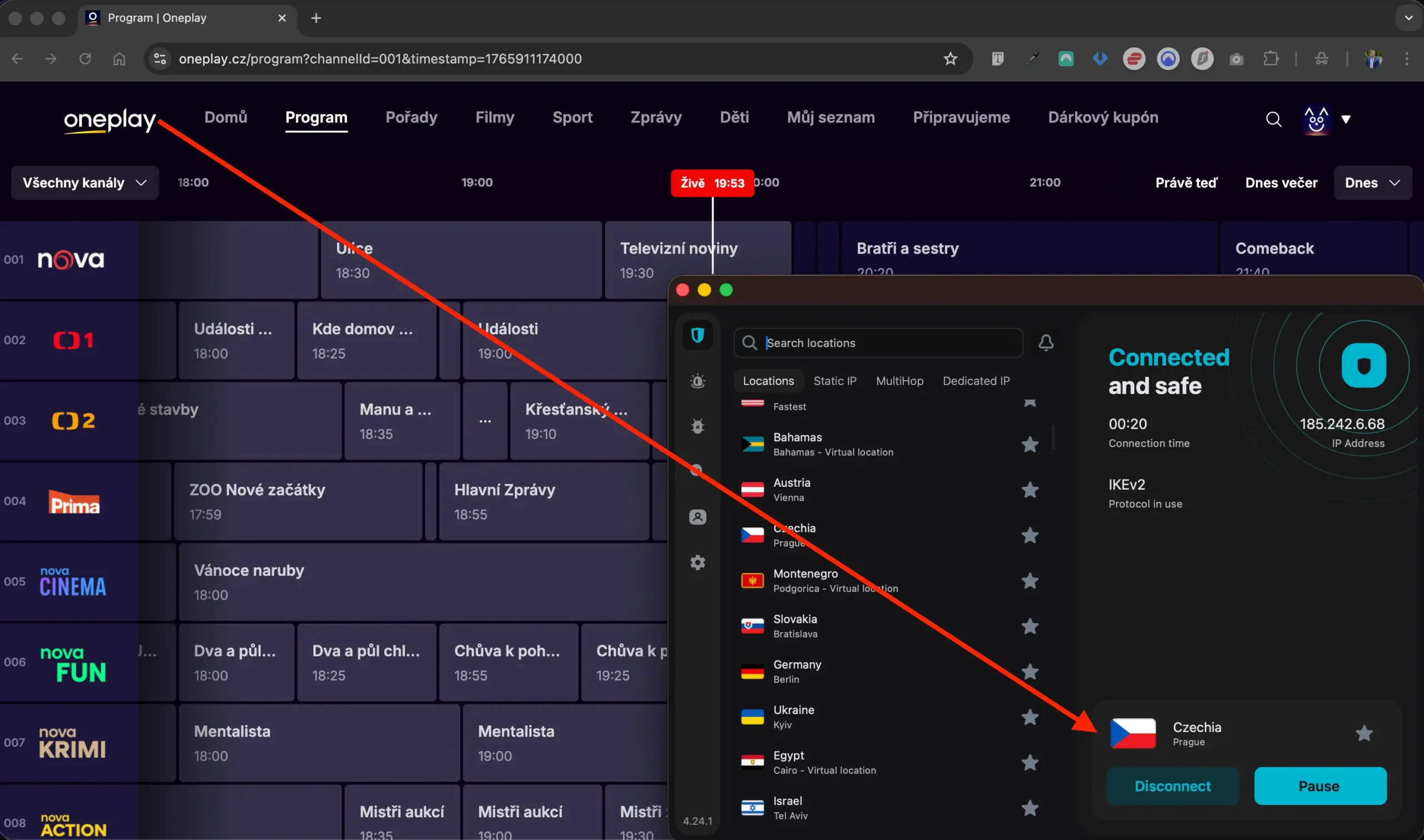OnePlay spuštěno přes SurfShark | Venclíkovi.cz OnePlay spuštěné z Velké Británie pomocí Surfshark VPN s českou IP adresou a aktivním přehráváním.