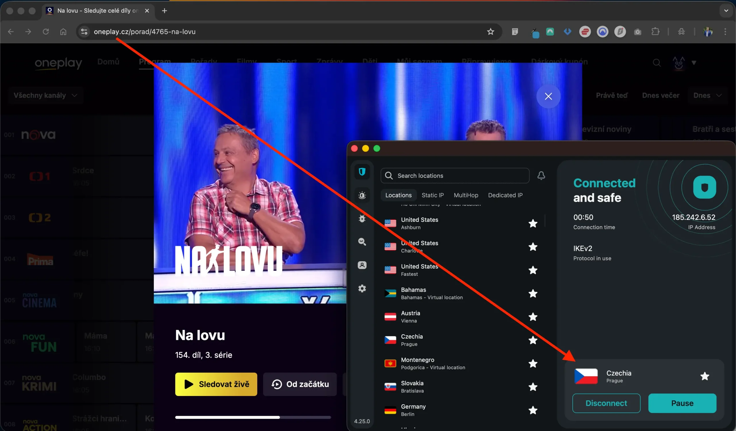 OnePlay v USA spuštěno přes SurfShark | Venclíkovi.cz Surfshark VPN aktivní na americkém zařízení s českou IP adresou pro sledování OnePlay