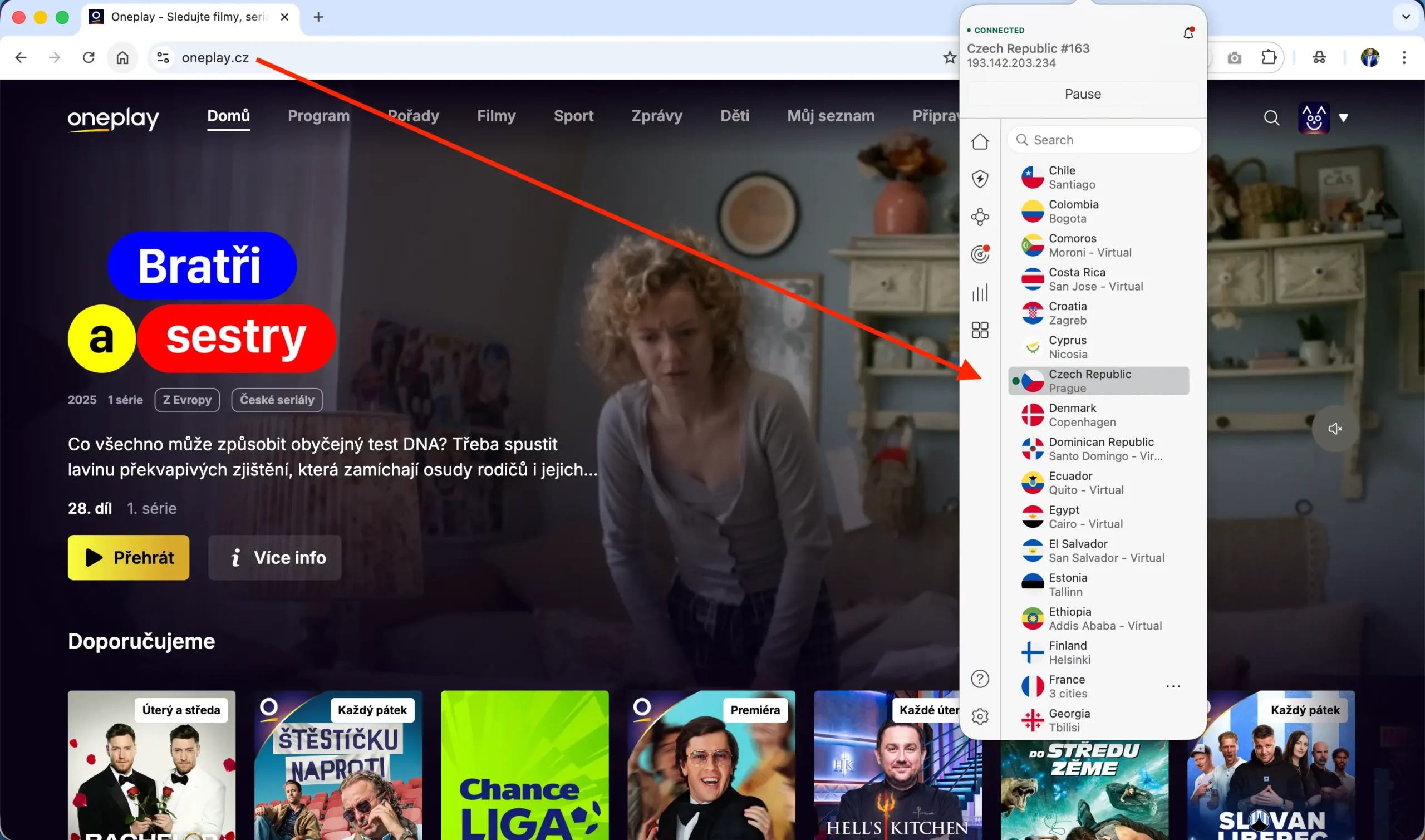 OnePlay spuštěné v Thajsku díky připojení přes český server v NordVPN
