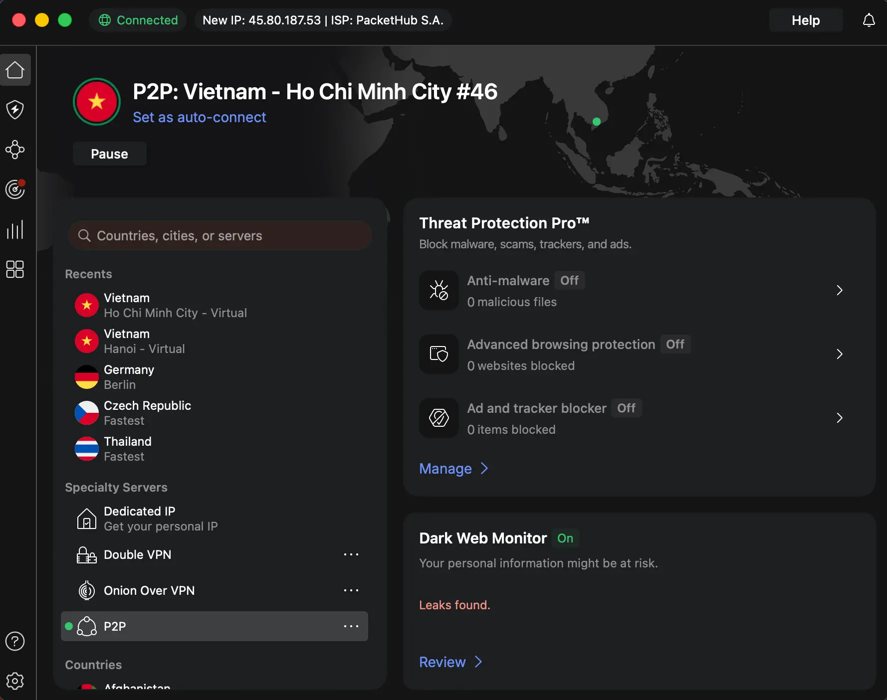 Připojení k vietnamskému VPN serveru v aplikaci NordVPN z Česka