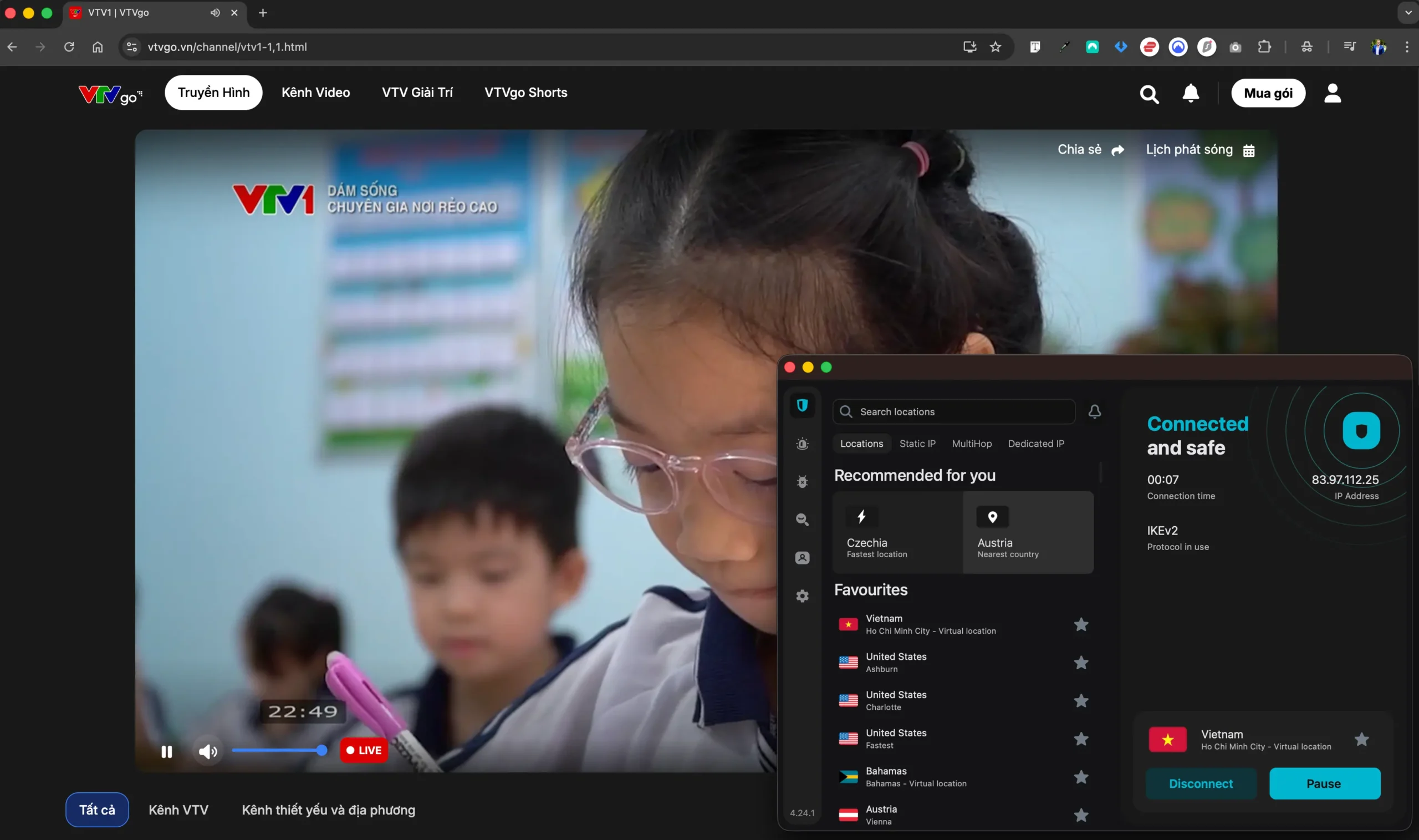 Sledování živého vysílání VTV Go v Česku při zapnuté VPN se serverem ve Vietnamu