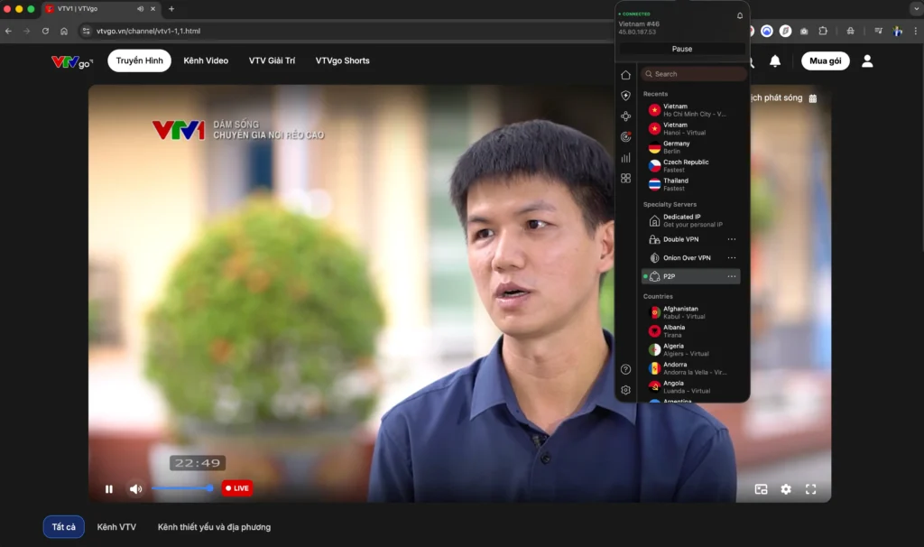 Živé vysílání VTV Go sledované v Česku po připojení k vietnamské VPN