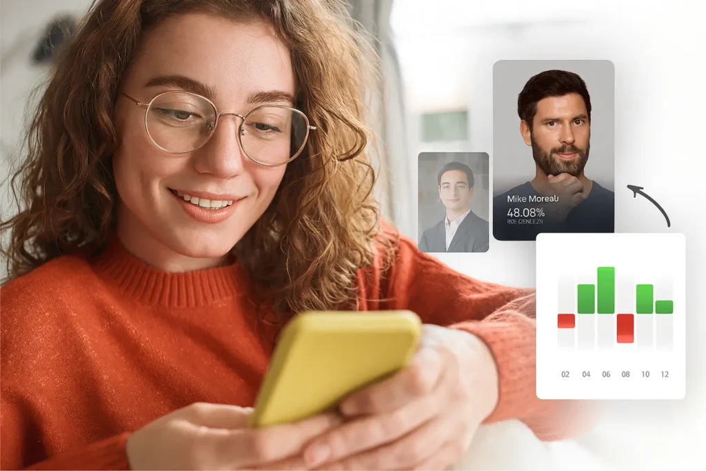 Mladá žena s vlnitými hnědými vlasy a brýlemi sleduje s úsměvem svůj mobil, na pravé straně obrázku jsou vidět profily investorů a barevný graf znázorňující investiční výkonnost na platformě eToro.