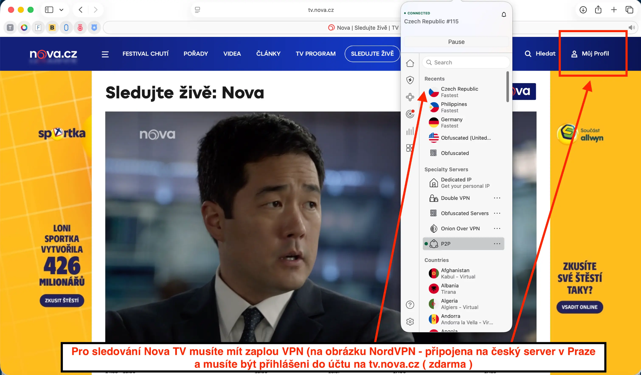 03_NordVPN spuštěný pro Sledování Nova TV ze zahraničí - připojen k českému serveru | Venclíkovi.cz Sledování TV Nova živě ze zahraničí s připojenou VPN na český server a přihlášeným účtem