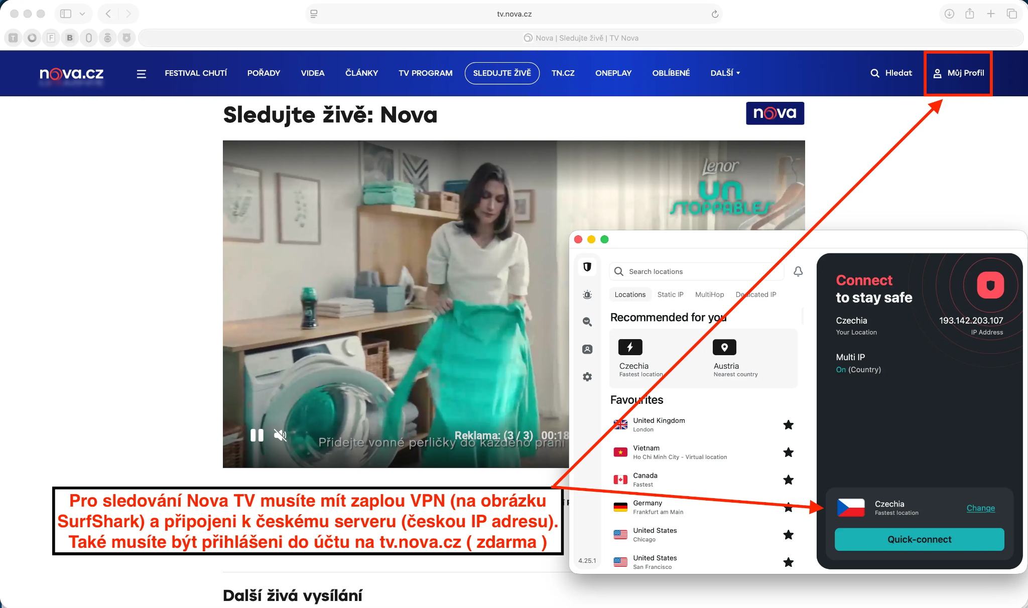 04_Surfshark připojeno na český server v Praze pro sledování Nova TV | Venclíkovi.cz Surfshark VPN připojená na Českou republiku pro Nova TV