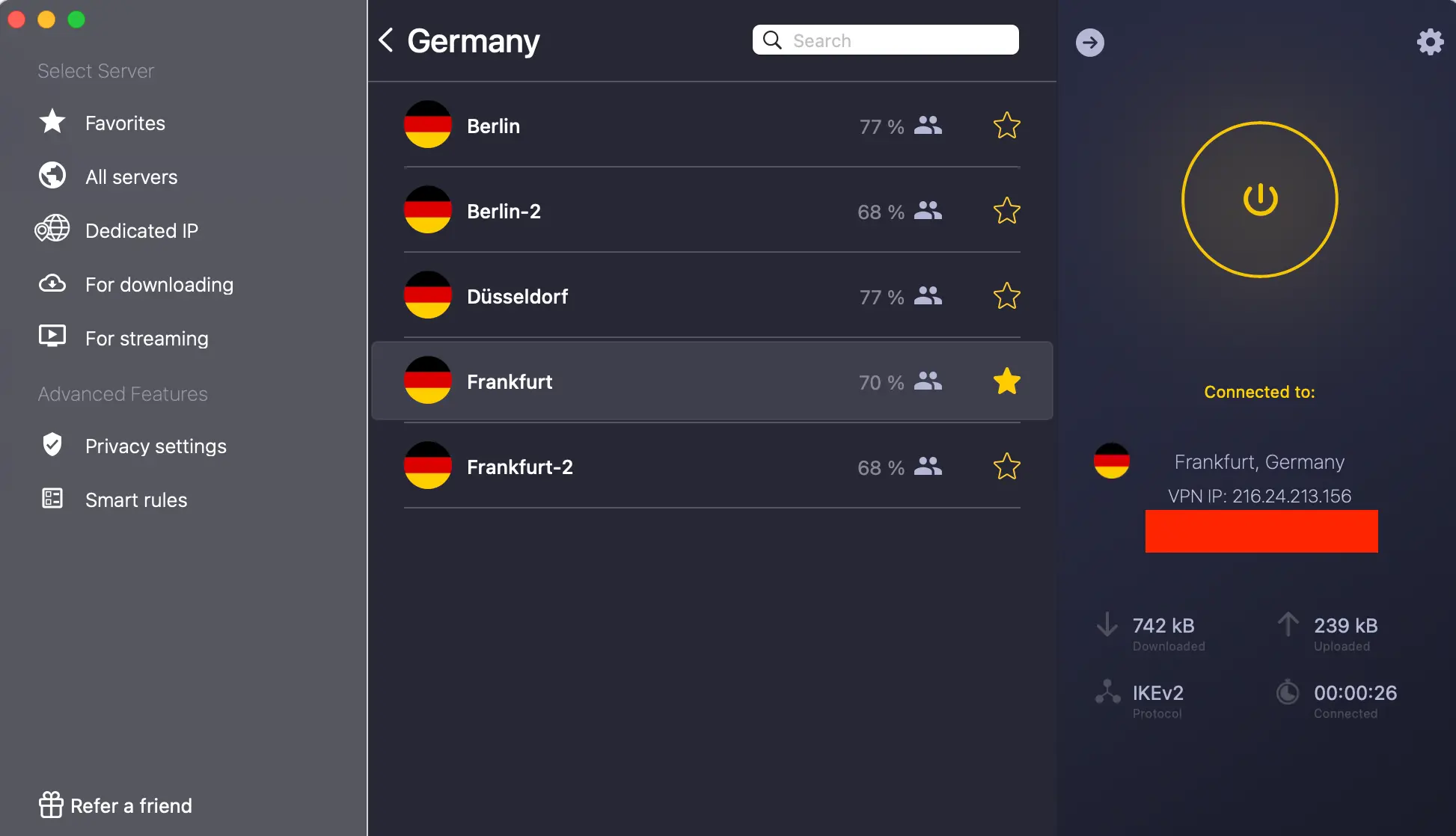CyberGhost aplikace - IP adresa Frankfrut Nemecko | Venclíkovi.cz CyberGhost připojený ke konkrétnímu serveru ve Frankfurtu — ideální volba pro německou IP adresu vhodnou ke streamingu i testům latence.