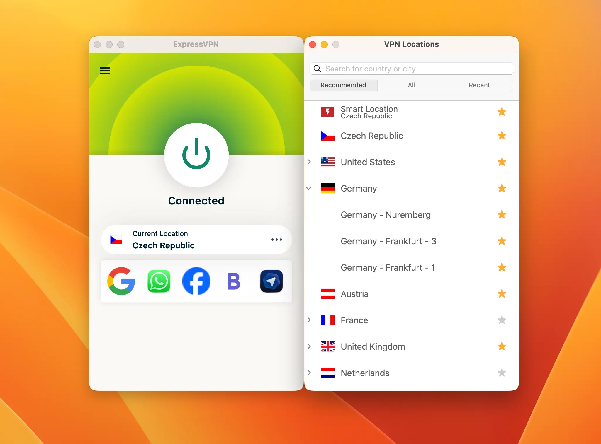 ExpressVPN aplikace pro Mac | Venclíkovi.cz ExpressVPN připojená přes český server na MacBooku – ukázka aplikace a výběru zemí