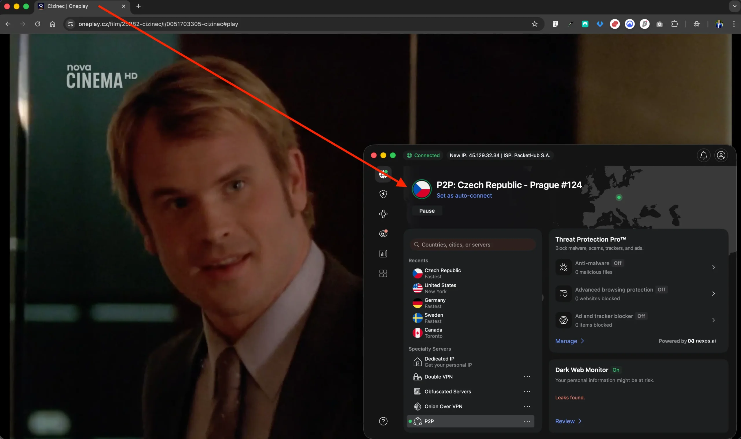 Film puštěný přes OnePlay web a odblokován pomocí NordVPN | Venclíkovi.cz Spuštěný film na Nova Cinema v aplikaci OnePlay mimo Česko, díky připojení přes český VPN server NordVPN v Praze