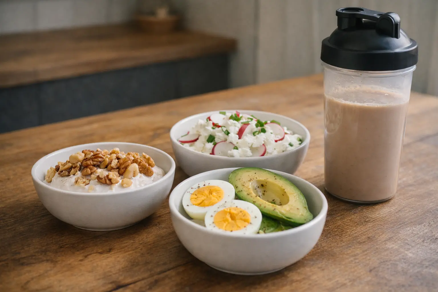 Keto přátelské jídlo na dřevěném stole | Venclíkovi.cz Ukázka jednoduchého keto jídla, které zasytí a nevyžaduje žádné složité vaření ani počítání.