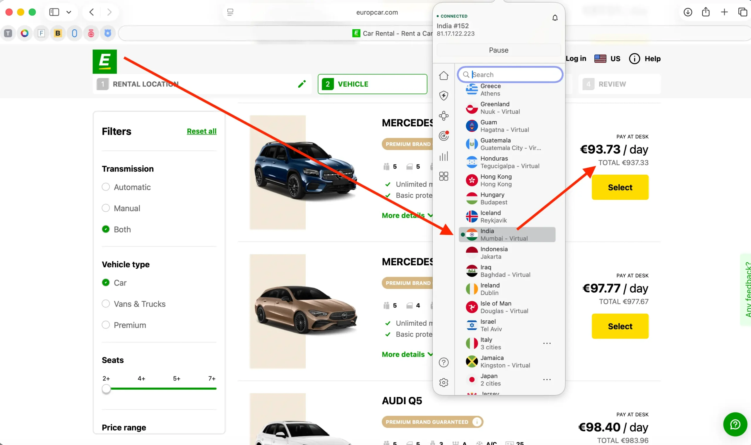 Levnější pronájem auto EuropCar pres server v Indii | Venclíkovi.cz Ukázka, jak pomocí připojení přes indický VPN server klesla cena pronájmu auta u Europcar – konkrétní rozdíl v denní sazbě v eurech.
