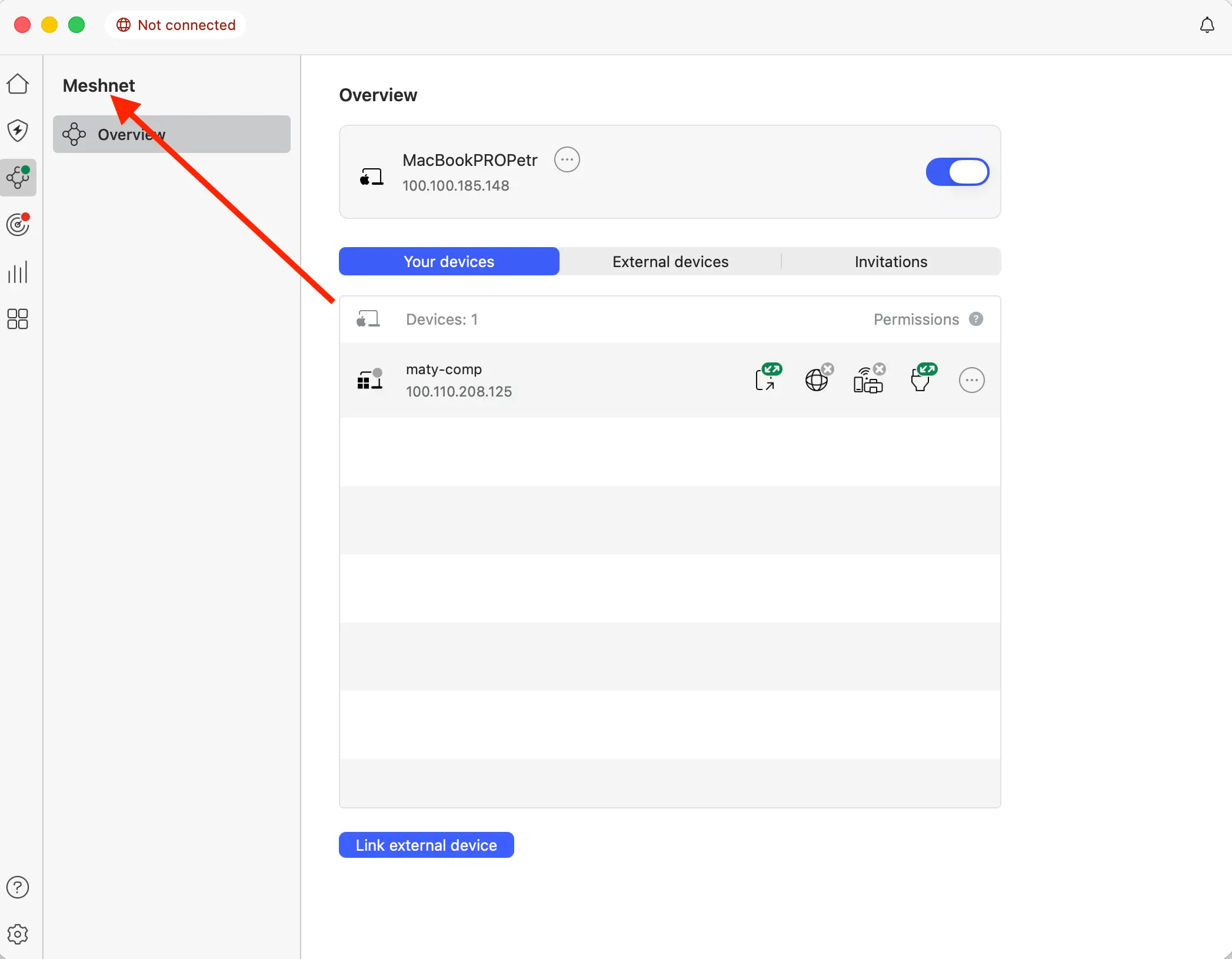 Meshnet NordVPN | Venclíkovi.cz Rozhraní funkce Meshnet v aplikaci NordVPN na macOS s přehledem propojených zařízení a interních IP adres