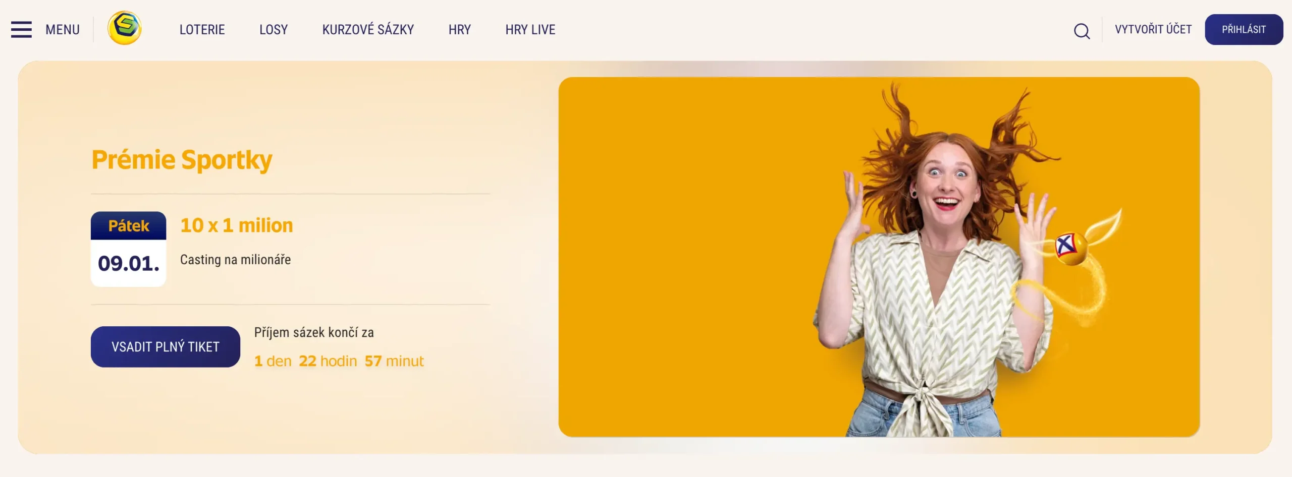 Mimořádná prémie Sportky | Venclíkovi.cz Usměvavá žena slavící výhru ve Sportce vedle zlatého míčku s křídly a datem 09.01 – mimořádná prémie 10× 1 milion korun v rámci Castingu na milionáře