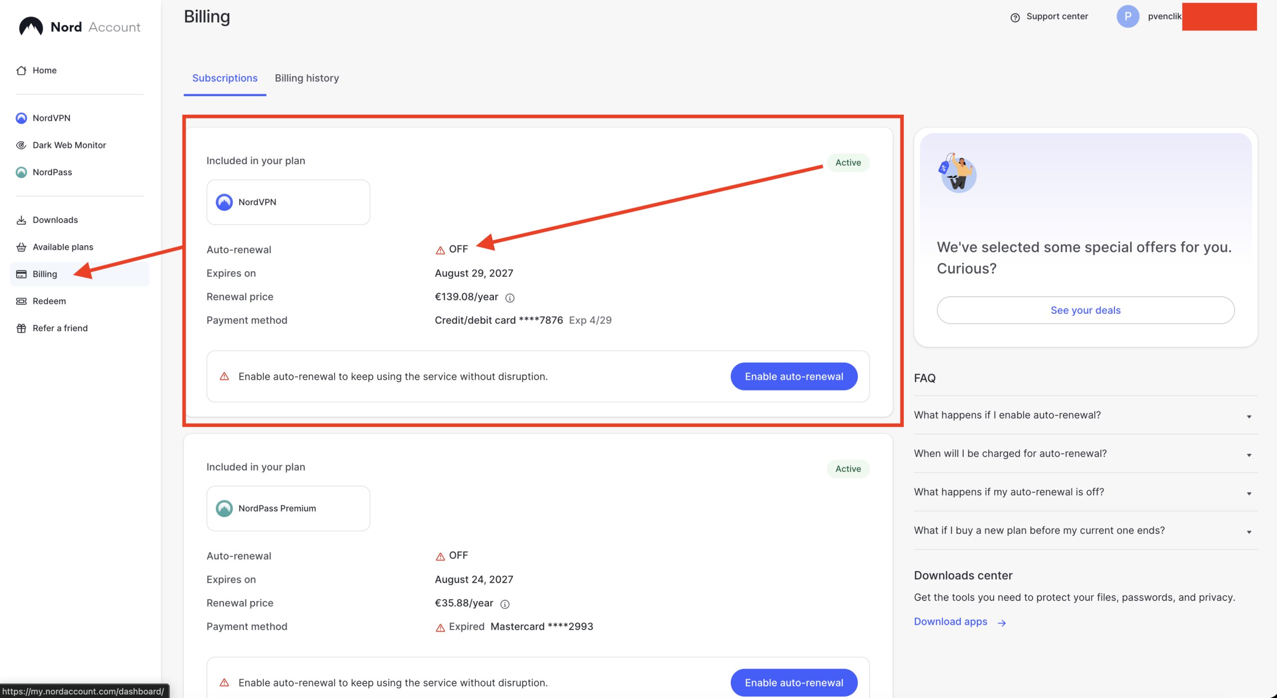 NordVPN billing - účet | Venclíkovi.cz Detail přehledu předplatného NordVPN s vypnutým automatickým prodloužením a informací o platnosti do srpna 2027.