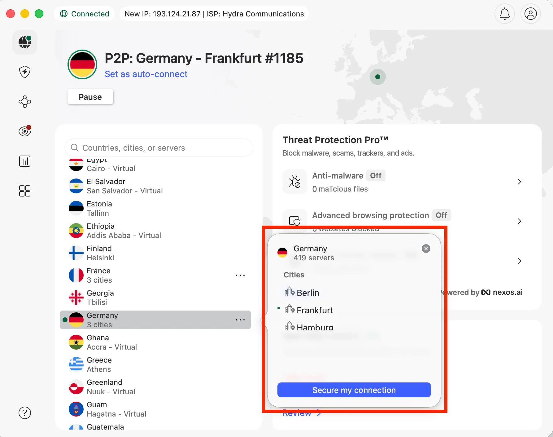 NordVPN připojena k serveru ve Frankfurtu | Venclíkovi.cz