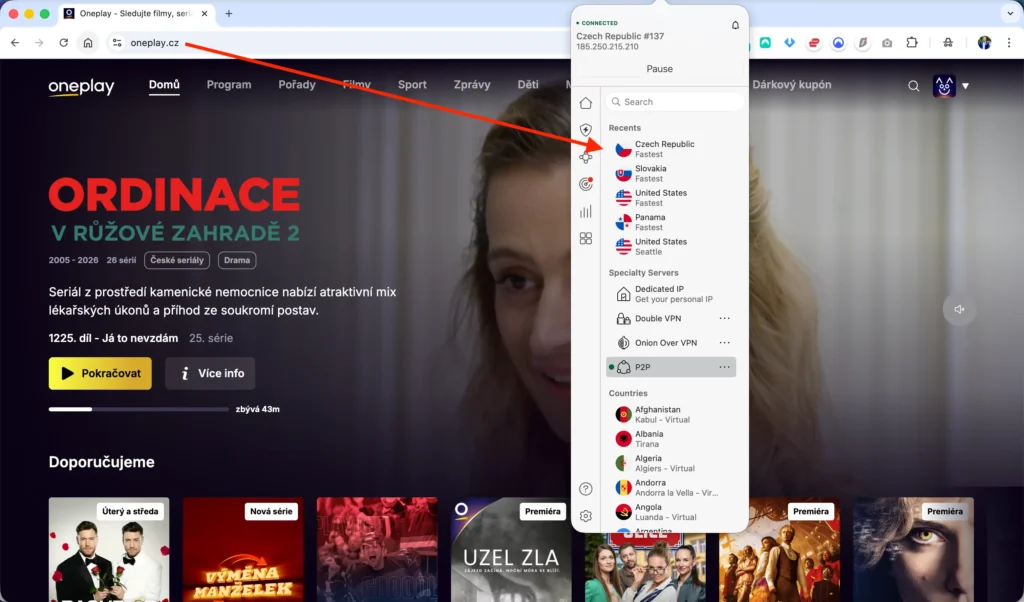 OnePlay se zapnutým NordVPN připojeno k českému serveru | Venclíkovi.cz Služba OnePlay otevřená při aktivním připojení k českému serveru NordVPN