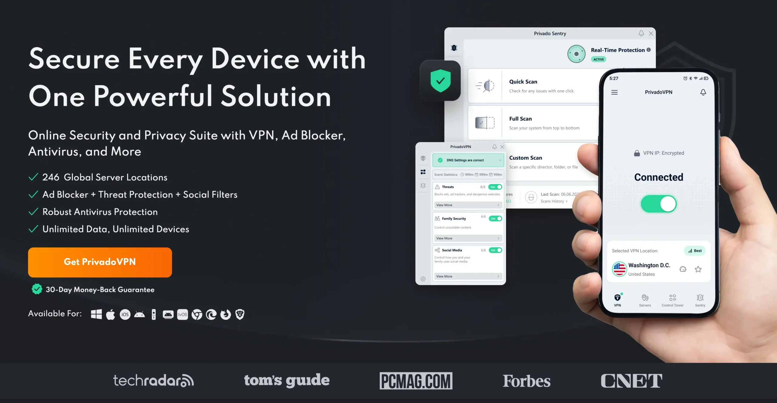 PrivadoVPN | Venclíkovi.cz Aplikace PrivadoVPN na mobilu a počítači s aktivním připojením k VPN serveru a zabezpečeným přenosem dat