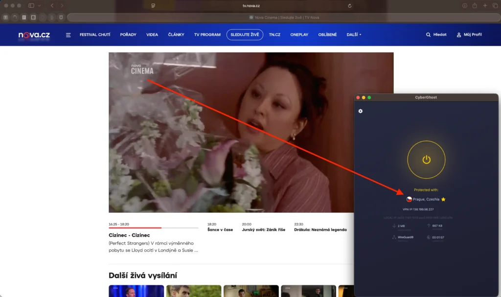 Sledování Nova Cinema přes CyberGhost | Venclíkovi.cz Aktivní připojení k českému serveru přes CyberGhost VPN a spuštěné živé vysílání Nova Cinema v prohlížeči na webu nova.cz