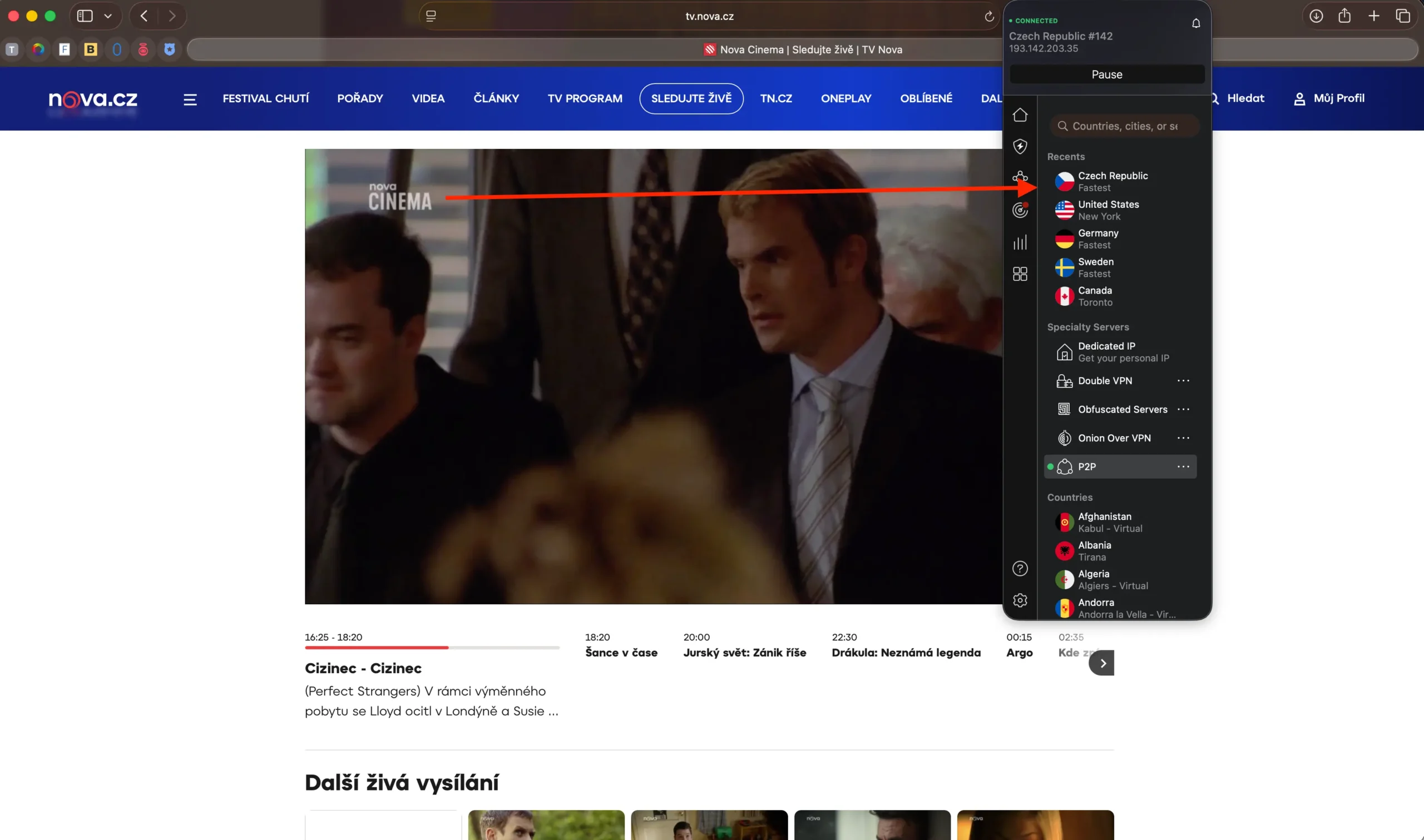 Sledování Nova Cinema přes NordVPN | Venclíkovi.cz NordVPN připojený na český server a běžící Nova Cinema stream v zahraničí přes oficiální web TV Nova