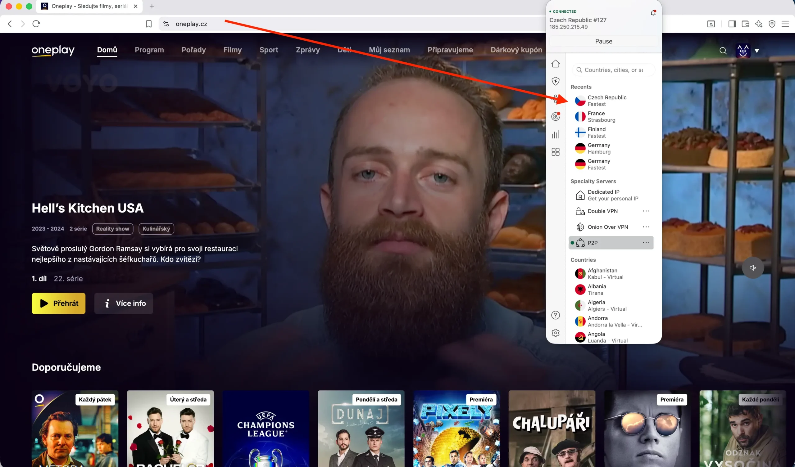 Sledování OnePlay z Francie | Venclíkovi.cz Aktivní VPN připojení na český server při sledování OnePlay.cz z Francie přes prohlížeč