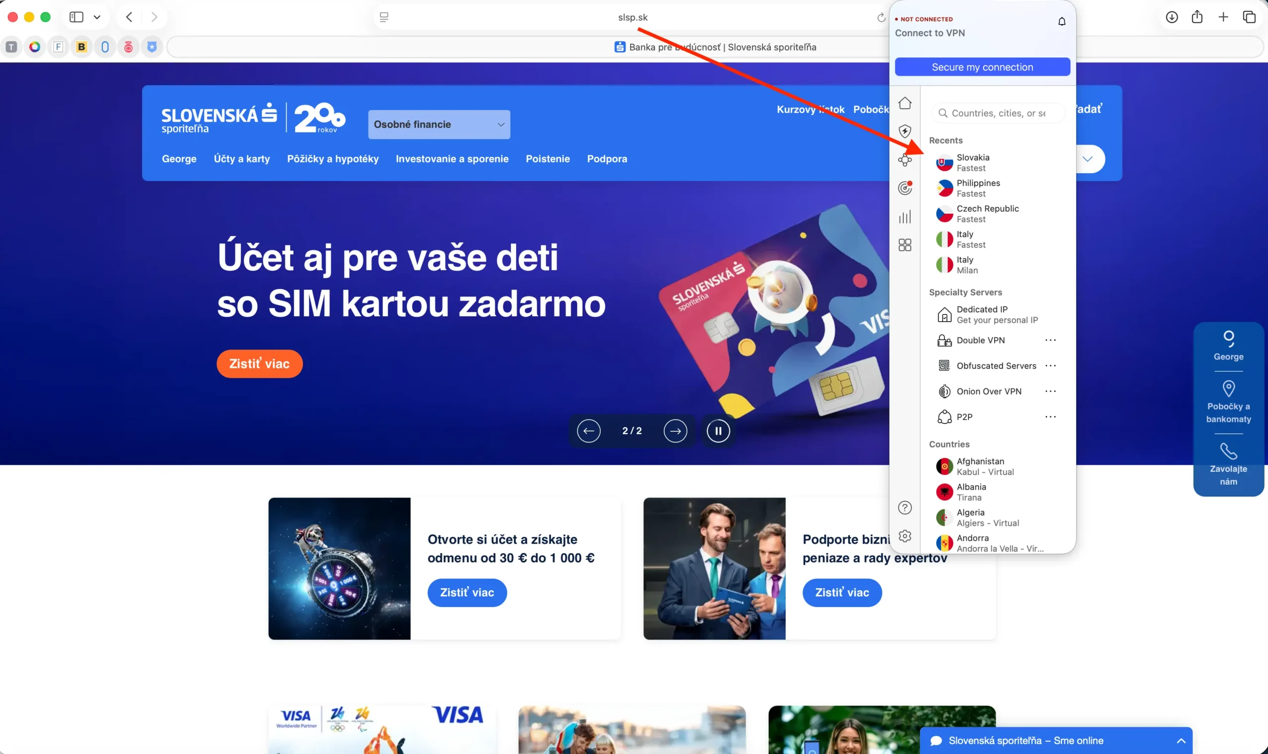 Slovenská banka připojení pomocí NordVPN a IP adresyy poskytnuté ze slovenského serveru | Venclíkovi.cz Přístup do slovenské banky SLSP přes NordVPN – server Slovensko aktivní, připraven k připojení.