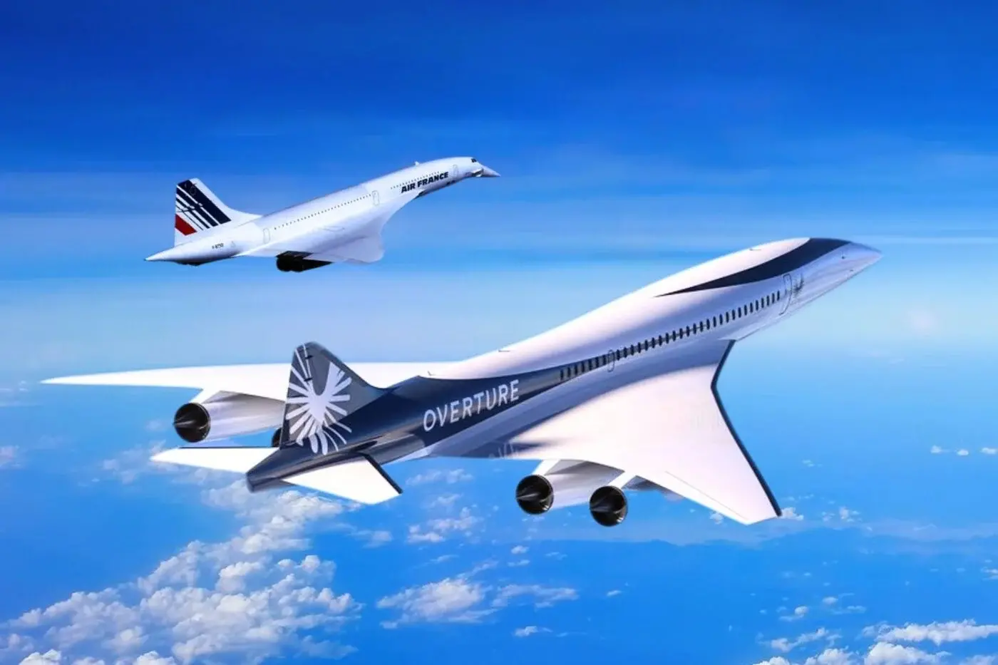 Supersonicke letadlo Overture | Venclíkovi.cz Letoun Boom Overture letící ve formaci vedle historického nadzvukového letadla Concorde nad mraky.