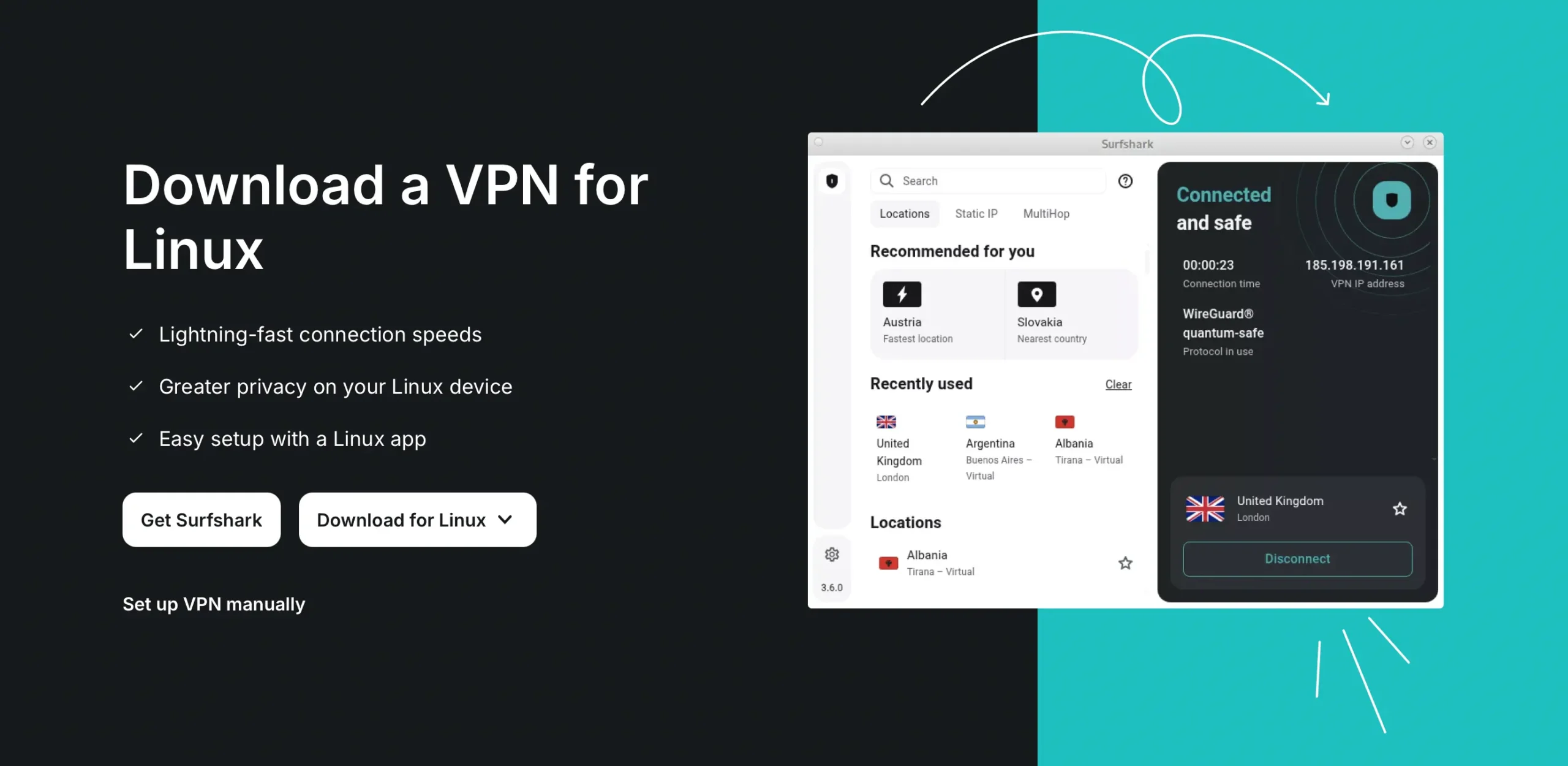 SurfShark pro Linux - dedikovaná IP adresa | Venclíkovi.cz Uživatelské rozhraní Surfshark VPN aplikace pro Linux s připojením přes dedikovanou IP