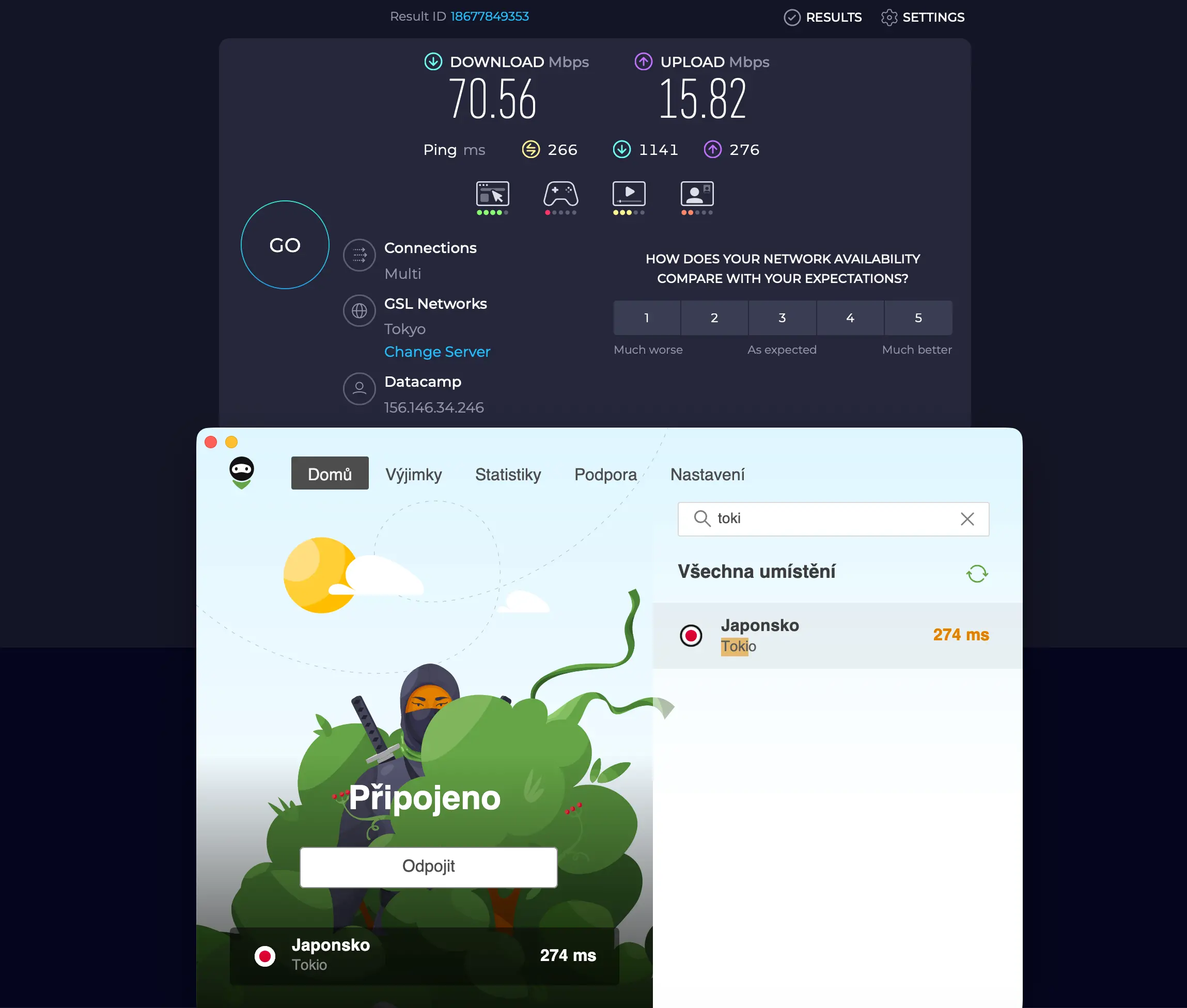 Test rychlosti internetu server Tokio Japonsko AdGuard VPN | Venclíkovi.cz