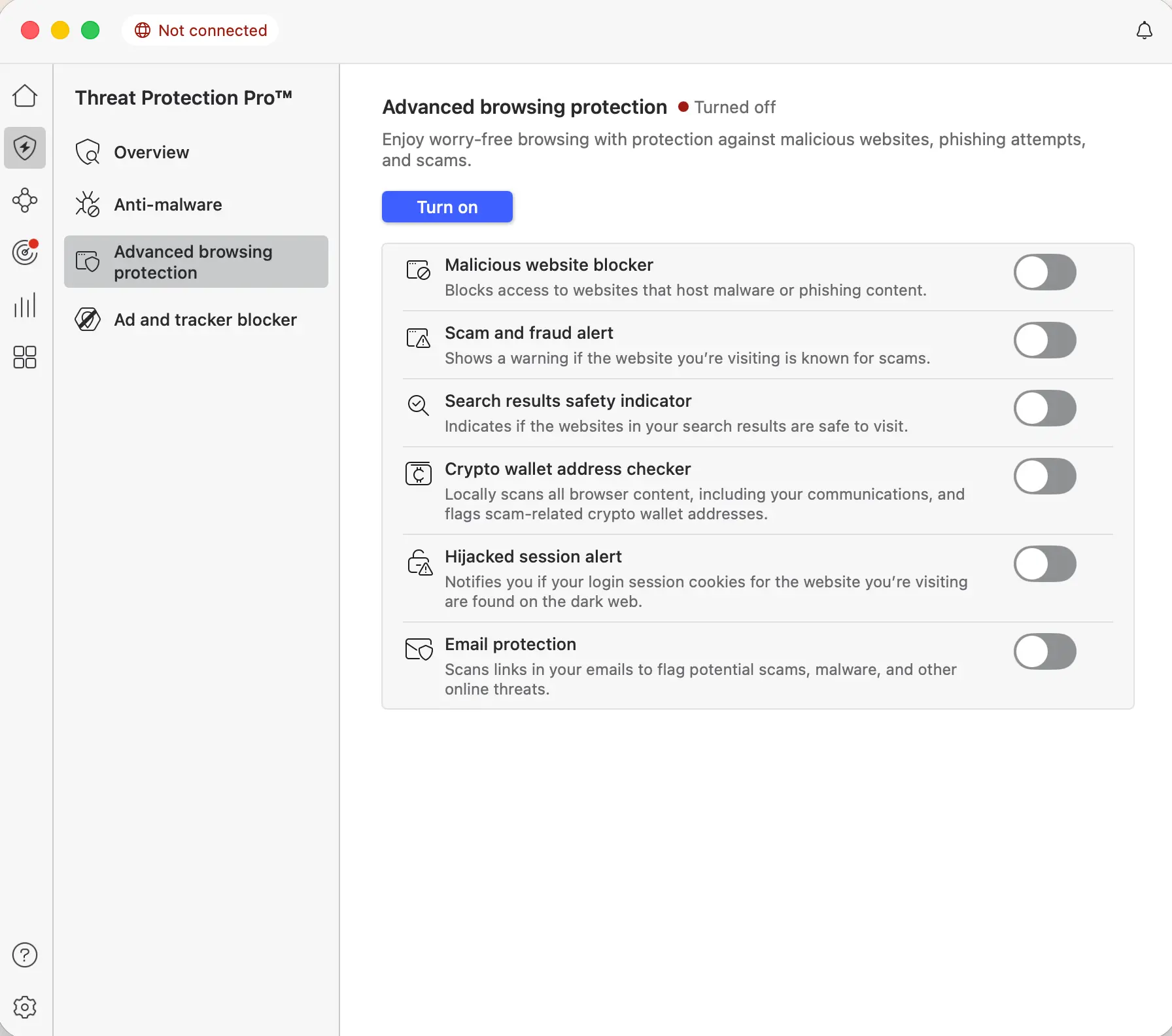 Threat Protection Pro ABP nastavení | Venclíkovi.cz Nastavení Advanced browsing protection v Threat Protection Pro před aktivací ochrany