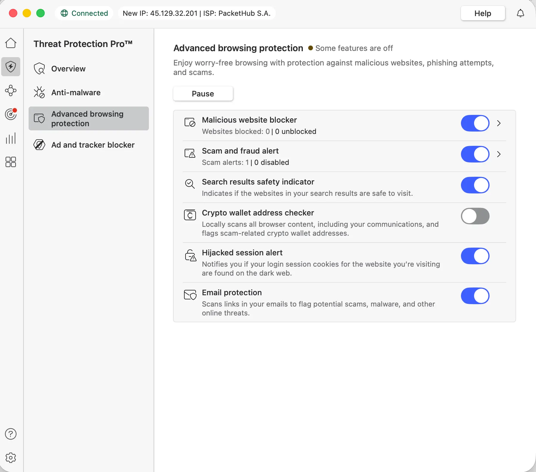 Threat Protection Pro nastavení | Venclíkovi.cz Aktivní ochrana prohlížení v Threat Protection Pro s vybranými zapnutými funkcemi