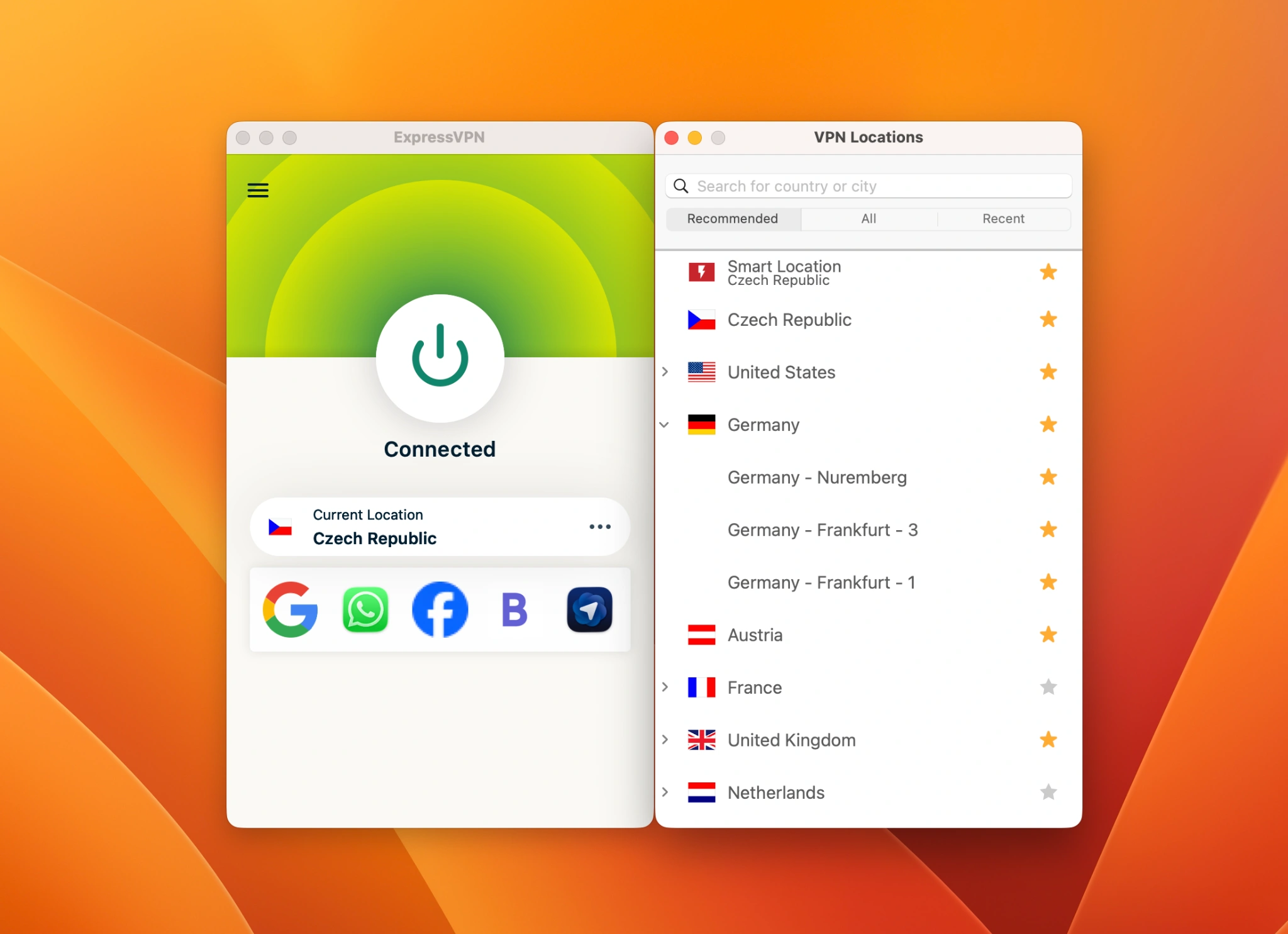 VPN_aplikace_ExpressVPN_Cesko | Venclíkovi.cz Rozhraní ExpressVPN s aktivním připojením na server v České republice
