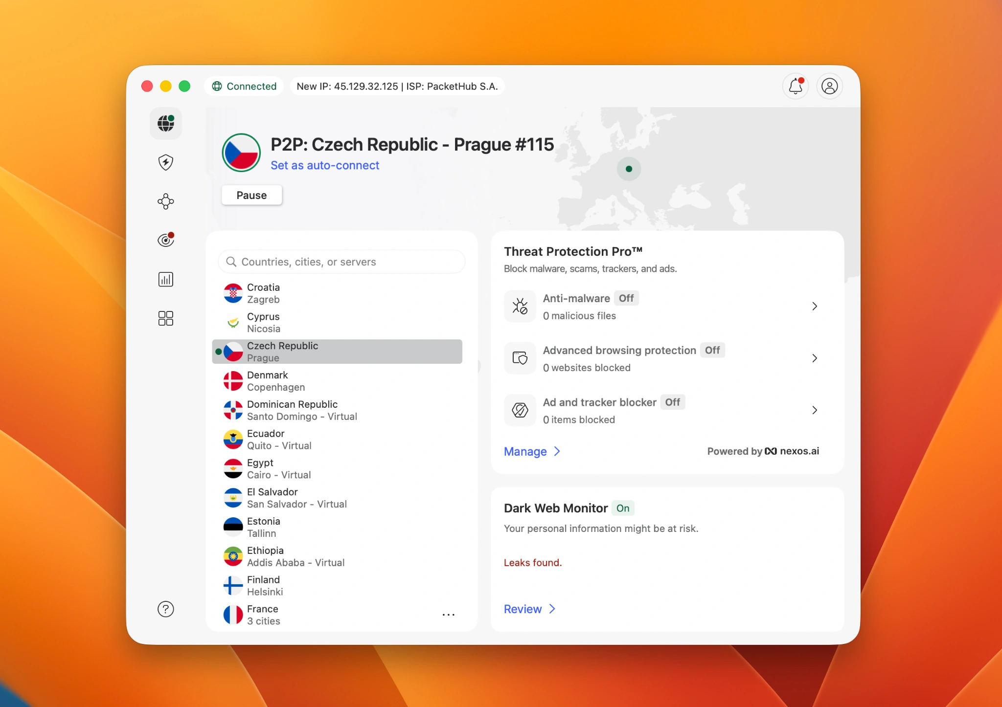 VPN_aplikace_NordVPN aplikace_Cesko | Venclíkovi.cz Aplikace NordVPN připojená k českému serveru v Praze, aktivní WireGuard protokol
