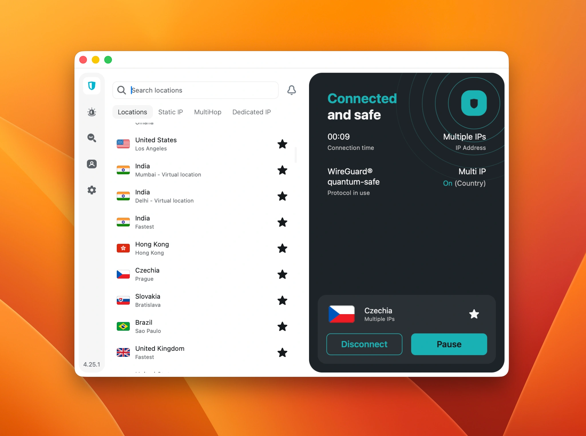 VPN_aplikace_SurfShark_Cesko | Venclíkovi.cz Surfshark připojený k serveru v České republice, zobrazení nové IP adresy a ochranných funkcí