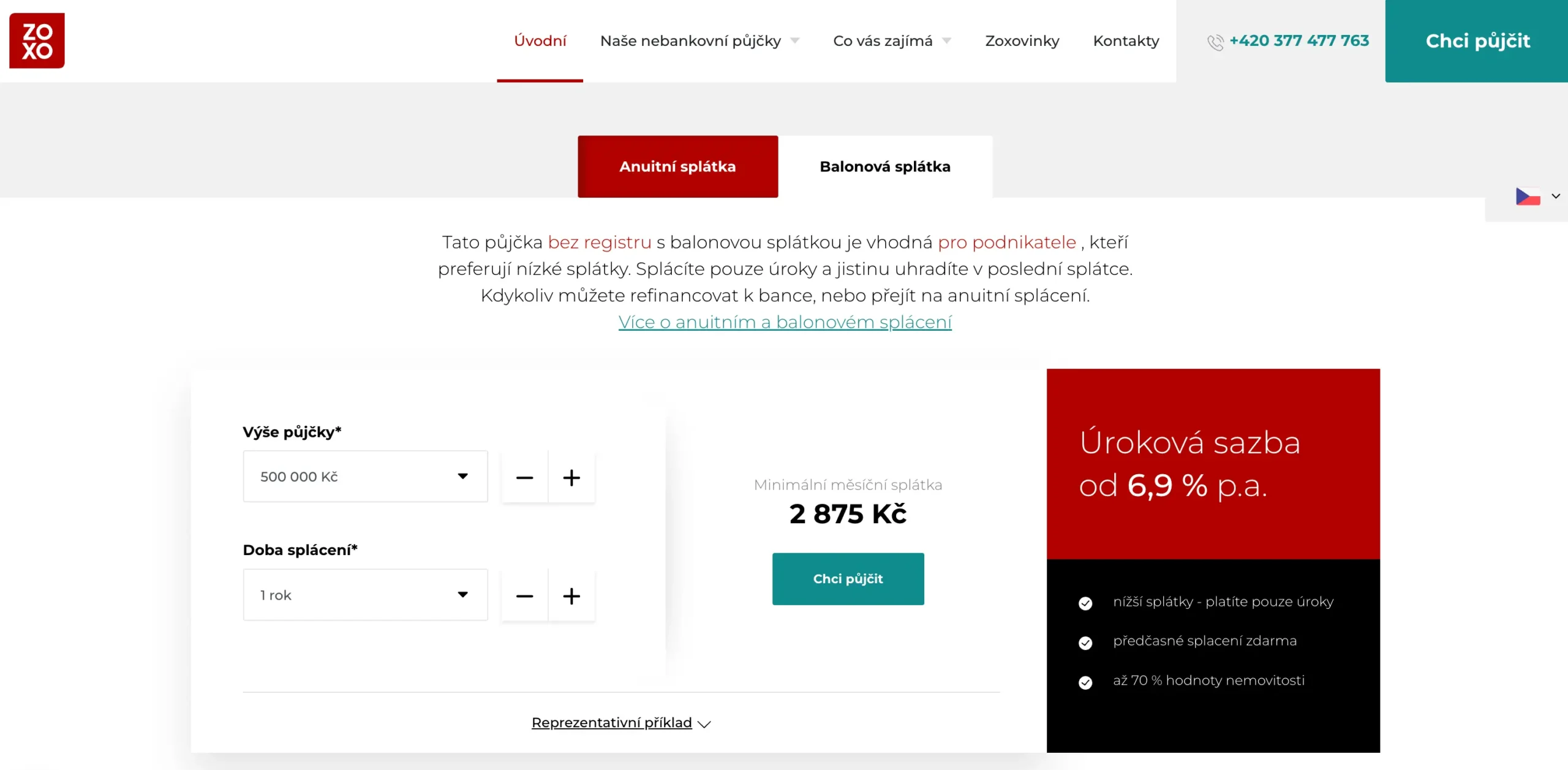 Web ZOXO | Venclíkovi.cz Online kalkulačka půjčky ZOXO s volbou anuitní nebo balonové splátky, ukázka úrokové sazby od 6,9 % a přehled výhod podnikatelského financování bez registru.