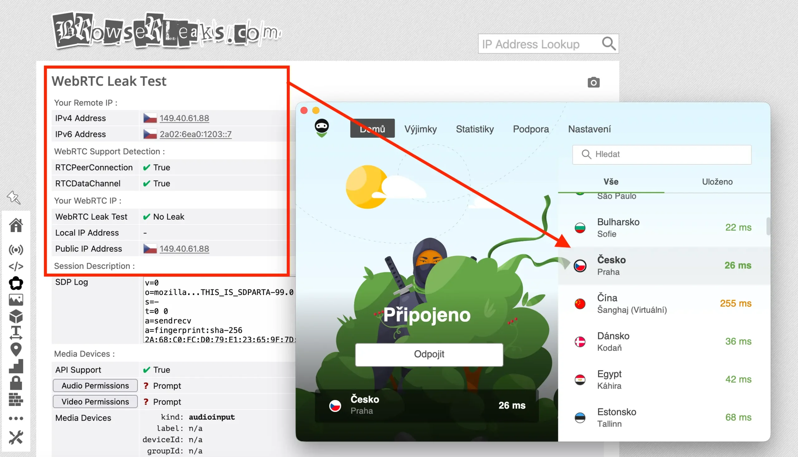 WebRTC leak Test AdGuard | Venclíkovi.cz Výsledek IP testu – AdGuard VPN správně přidělila českou IP adresu
