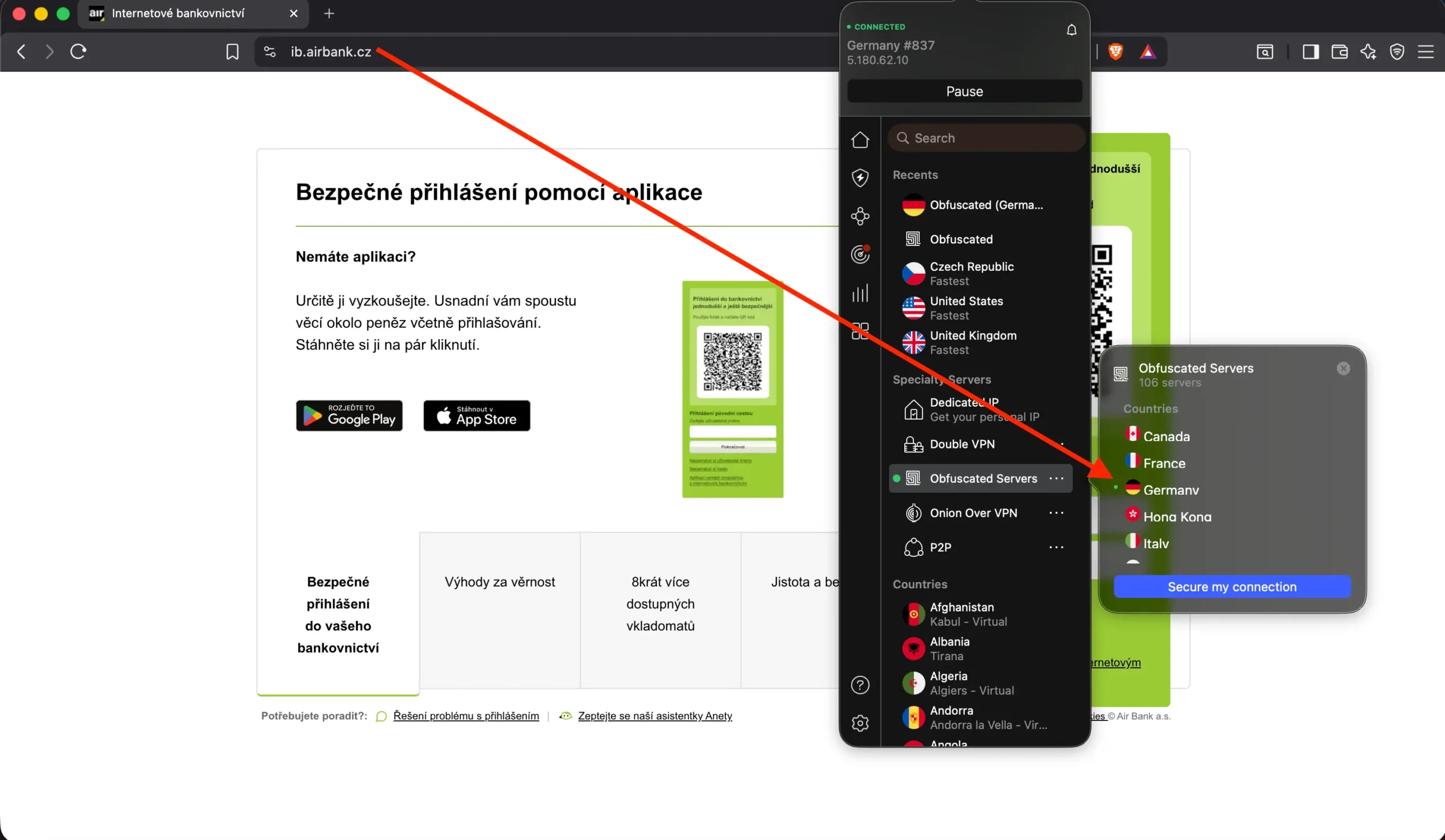 Zapnuté obfuskované servery do Německa a připojeno do internet banking Air Bank | Venclíkovi.cz Internetové bankovnictví Air Bank otevřené přes obfuskovaný VPN server v Německu