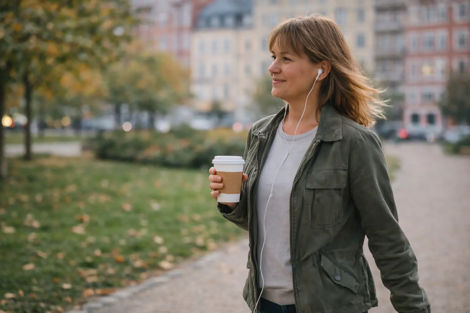 Žena procházkou parkem s kávou | Venclíkovi.cz Žena na svižné procházce v parku s kávou a sluchátky jako přirozená forma pohybu